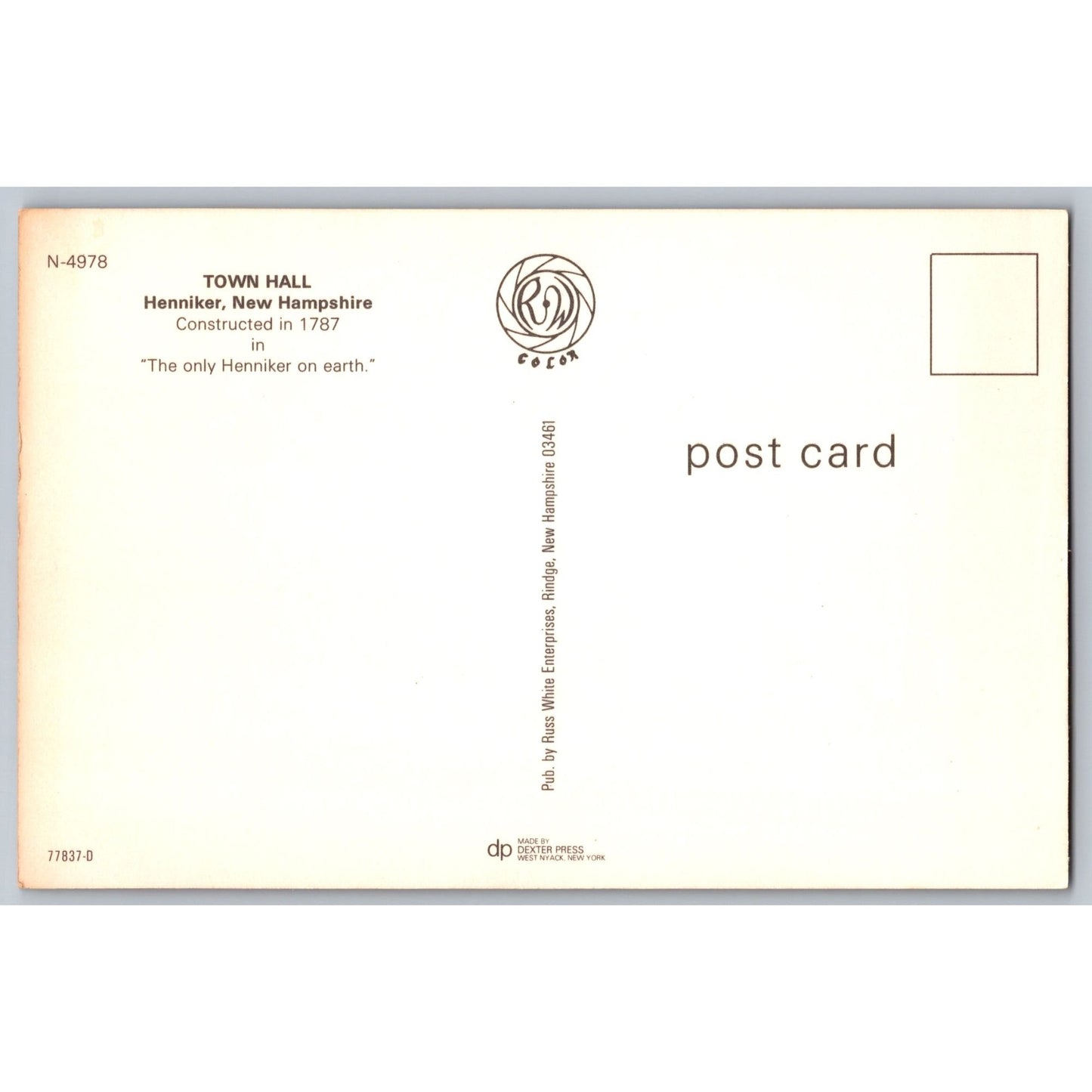 Henniker NH New Hampshire Town Hall Chrome Postcard Russ White Enterprises