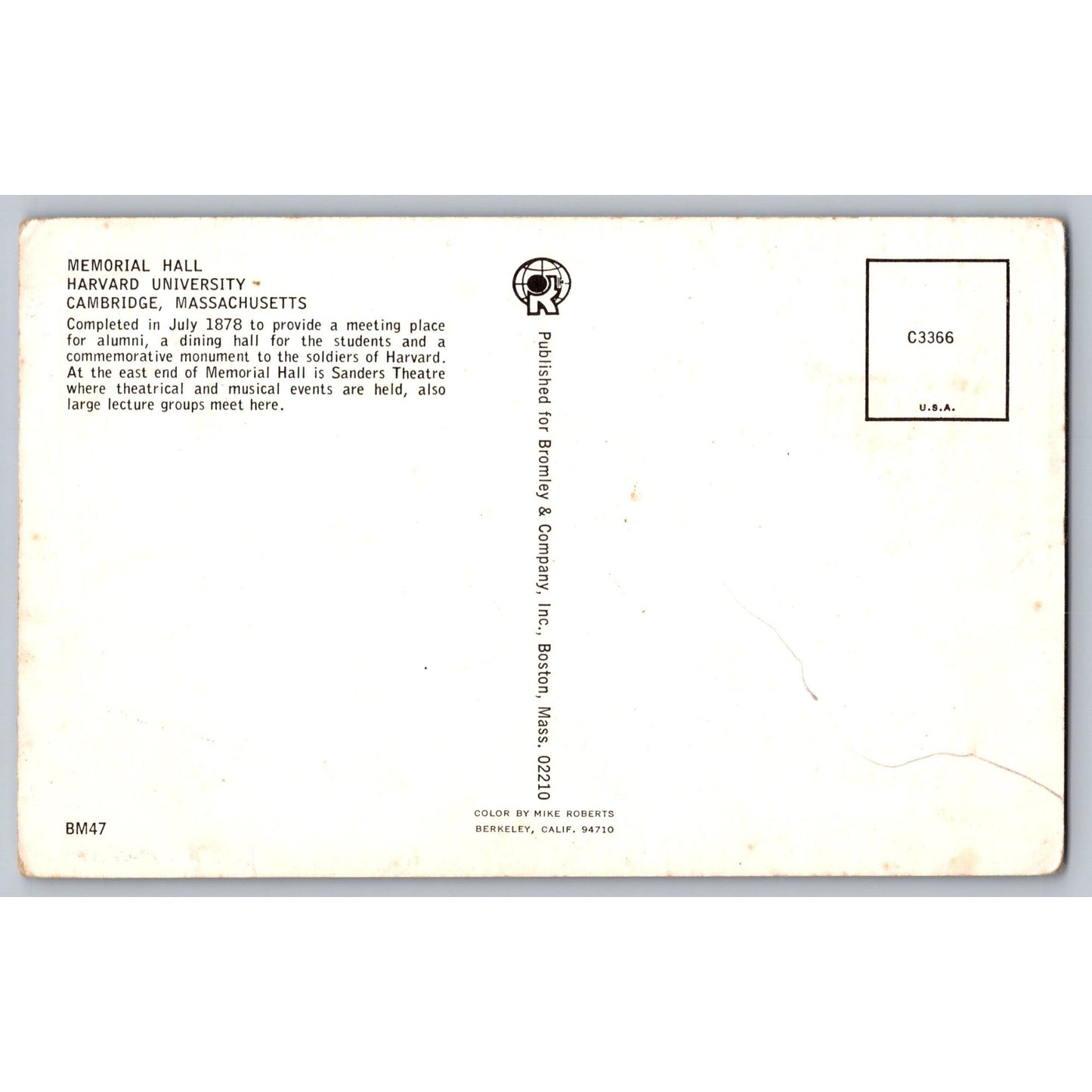 Cambridge MA Massachusetts Harvard University Memorial Hall Chrome Postcard