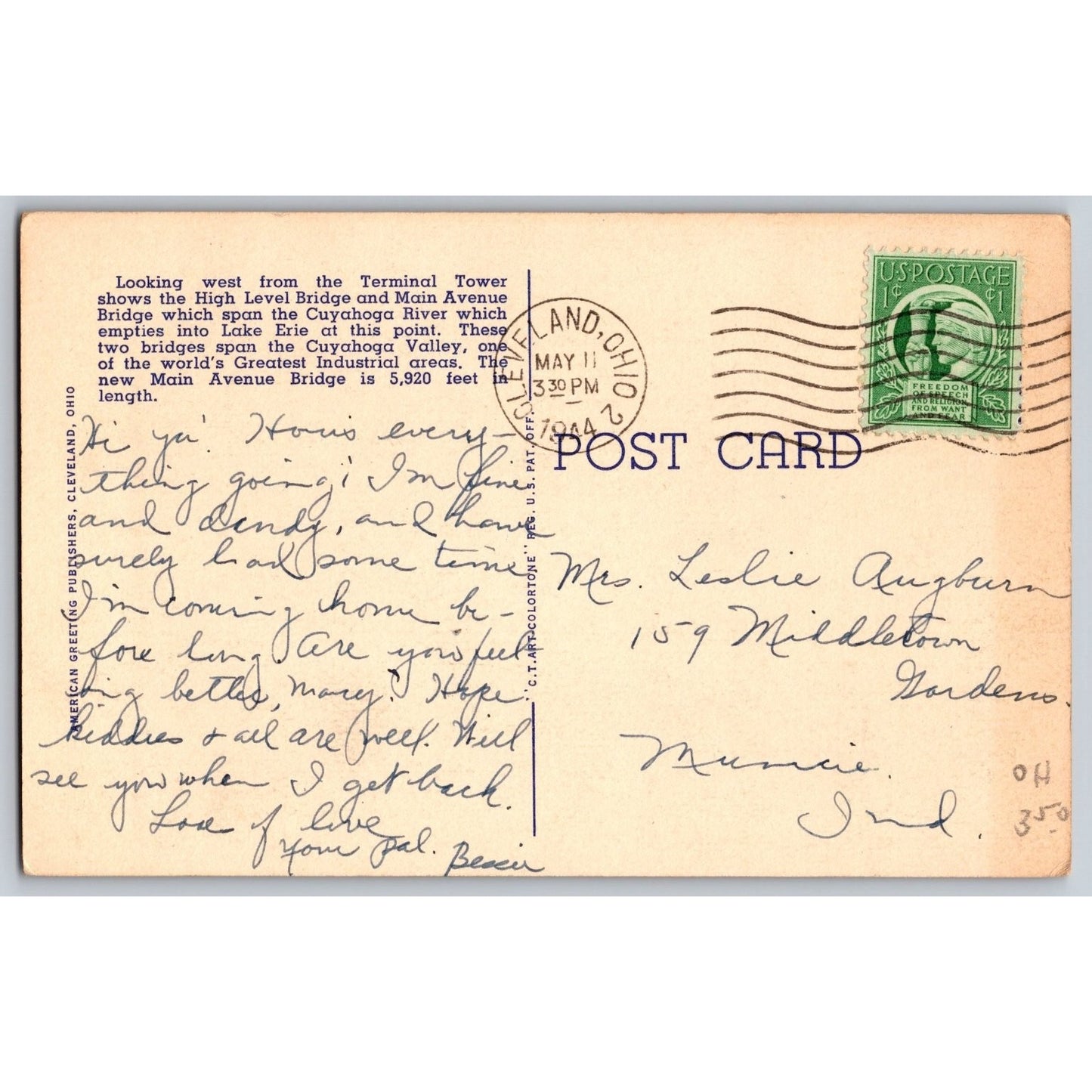 Cleveland OH Ohio High Level Main Avenue Bridge 1944 White Border Postcard Used