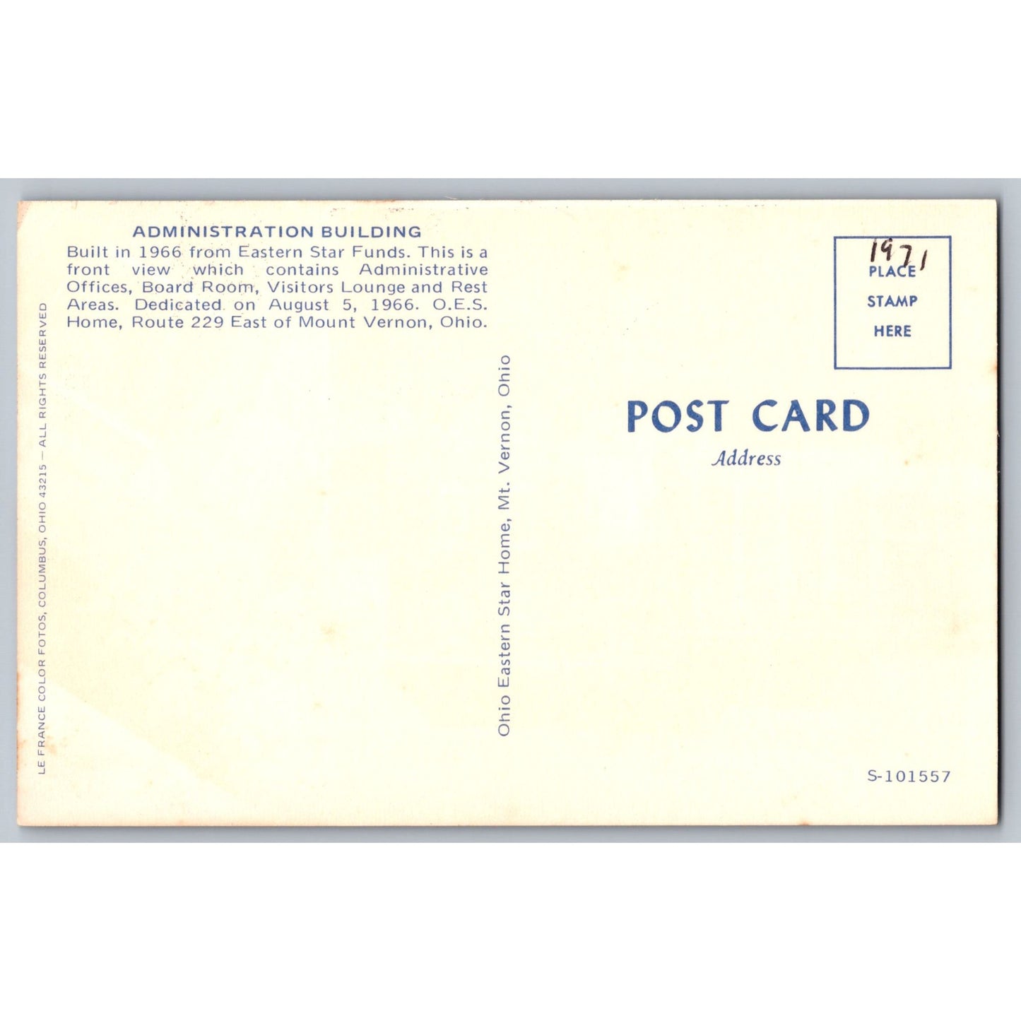 Mount Vernon OH Ohio Eastern Star Home Admin 1966 Building Postcard Le Ryne