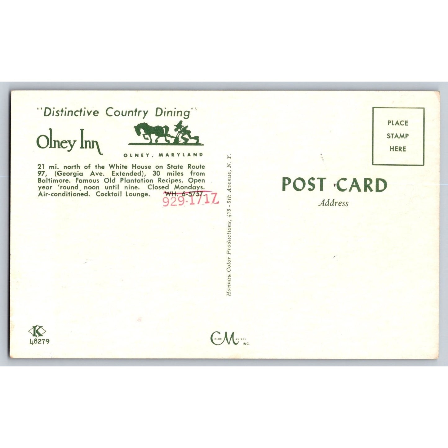 Olney MD Maryland Olnery Inn Distinctive Country Dining Chrome Postcard Unused
