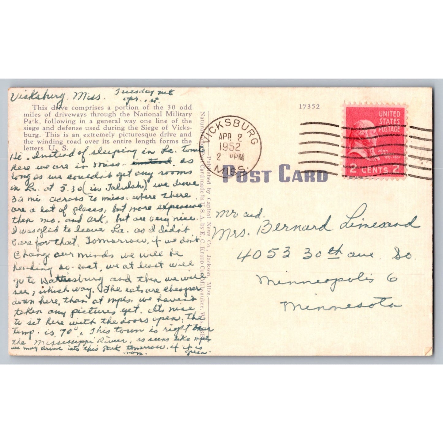 Vicksburg MS Mississippi Horseshoe Drive National Military Park 1920s Postcard