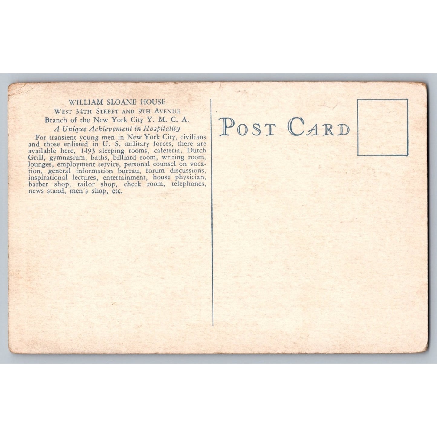 New York City NY William Sloane House YMCA 1930s Divided Back Postcard Unused