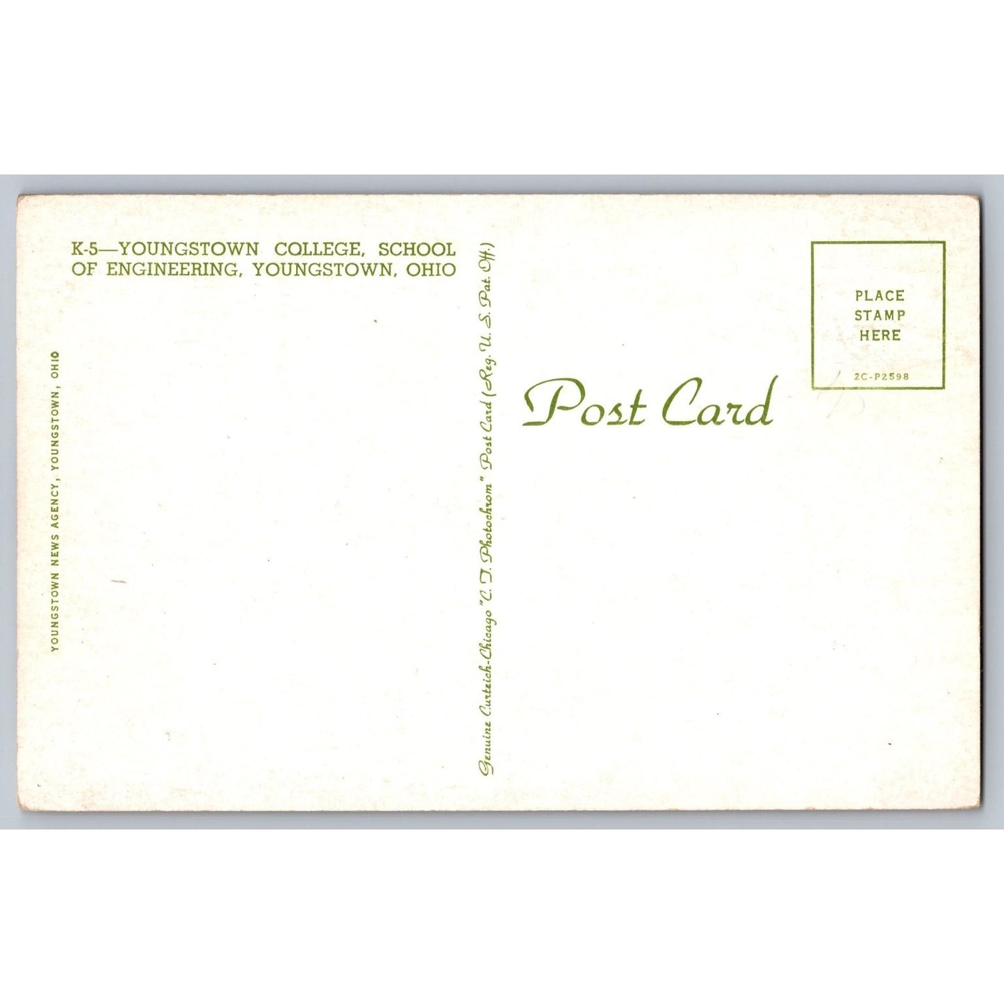 Youngstown OH Ohio College School of Engineering Divided Back Postcard Unused