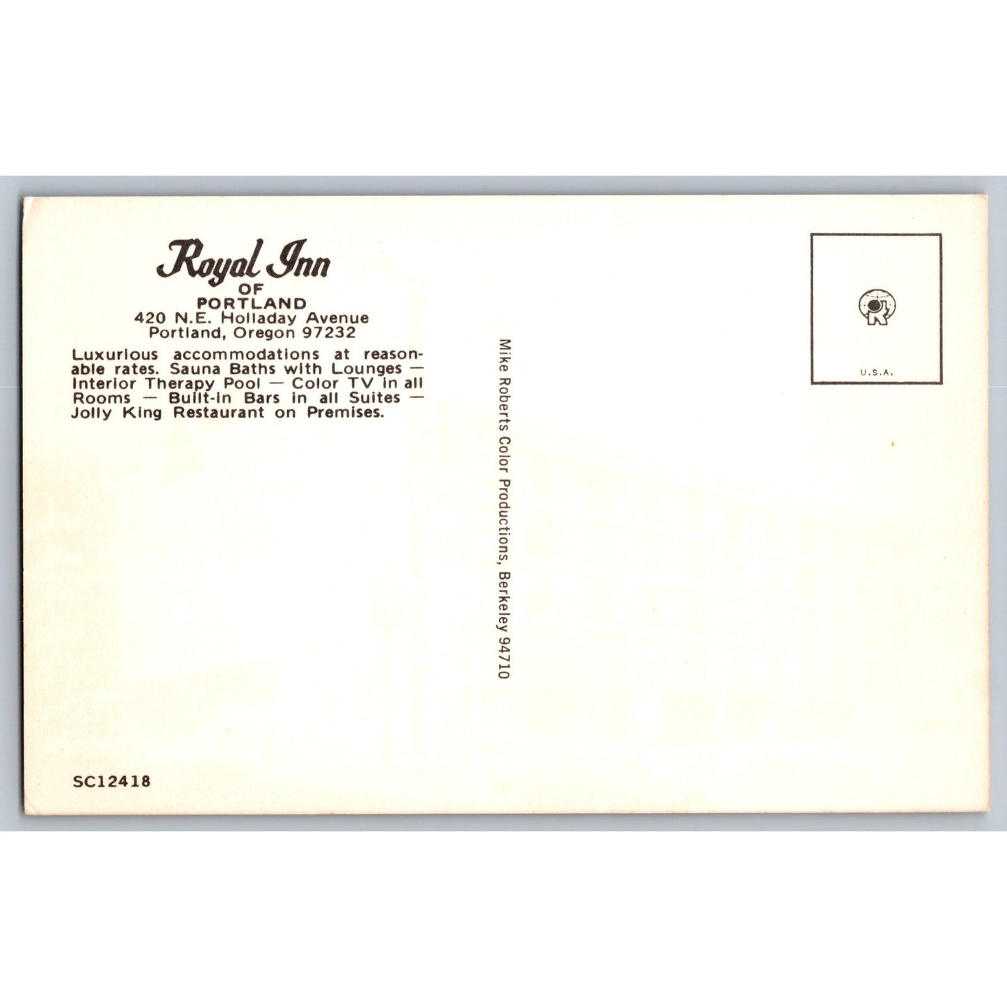 Portland OR Oregon Royal Inn Hotel Old Cars Chrome Postcard Unused