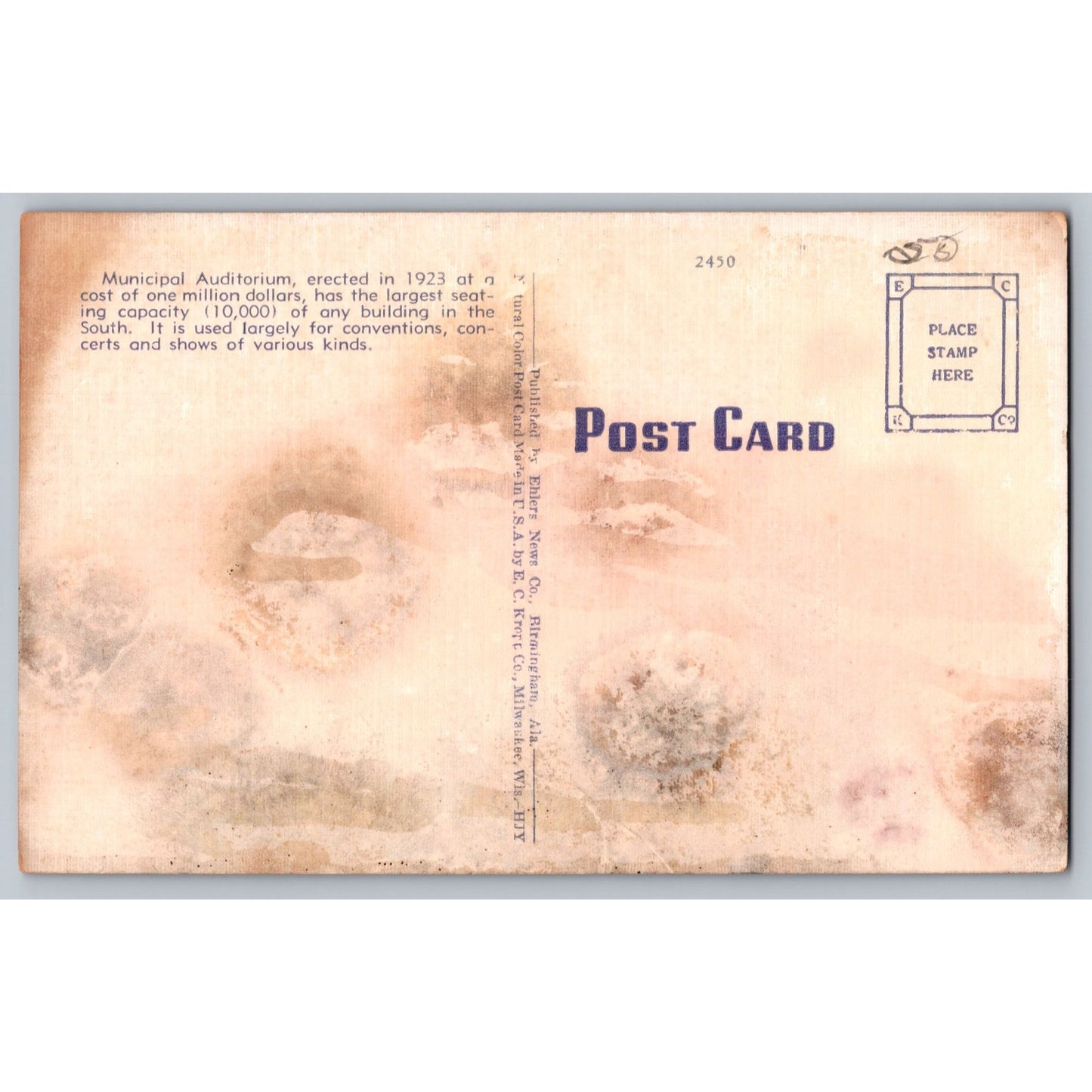 Birmingham AL Alabama Auditorium Divided Back or Linen Postcard 1930s