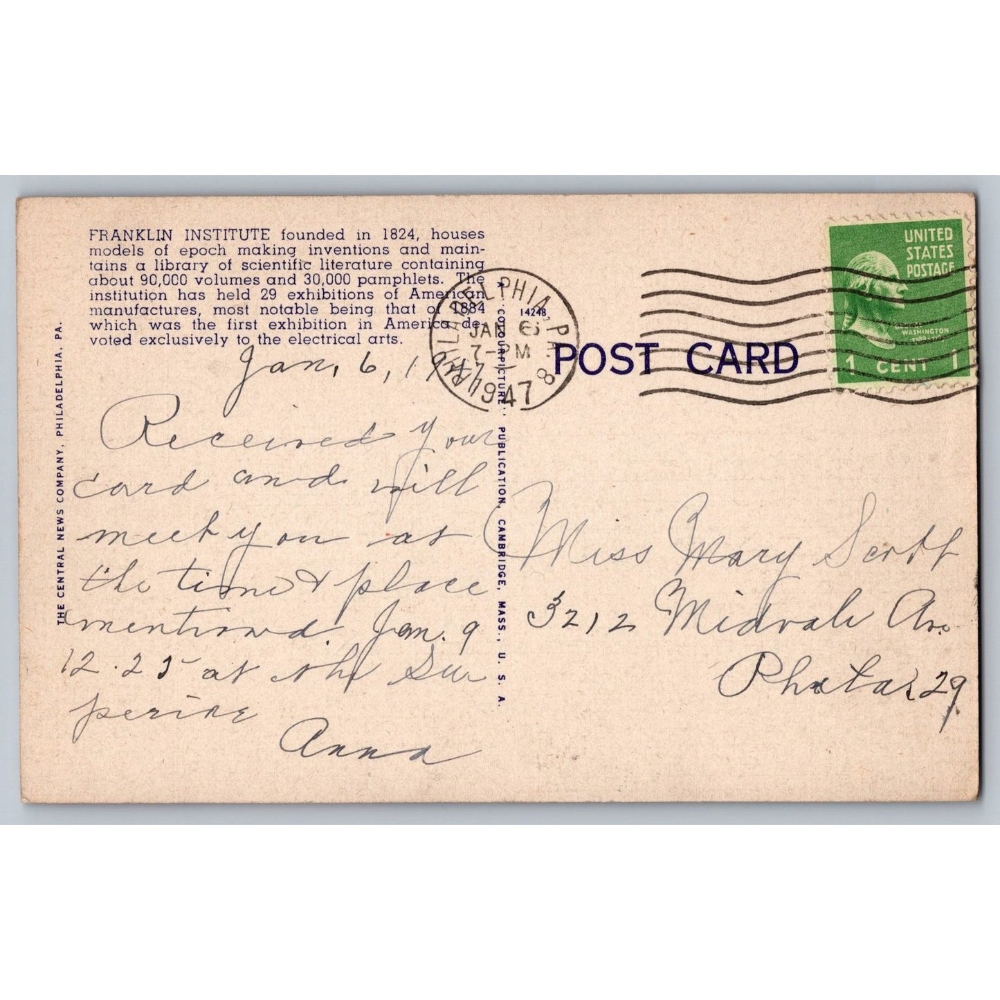 Philadelphia PA Pennsylvania Franklin Institute of Science Linen Postcard Used