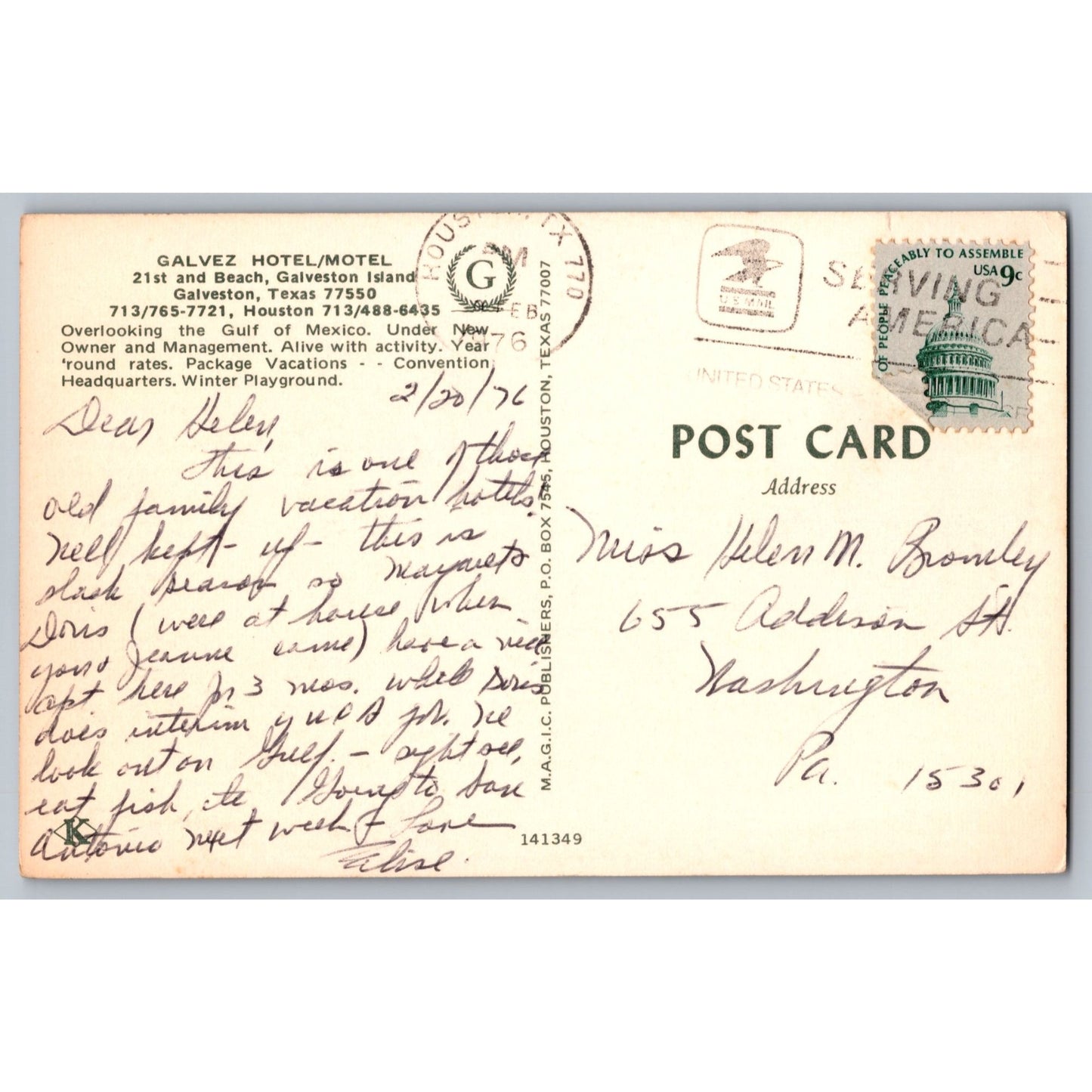 Galveston Island TX Texas Galvez Hotel Motel Chrome Postcard Used
