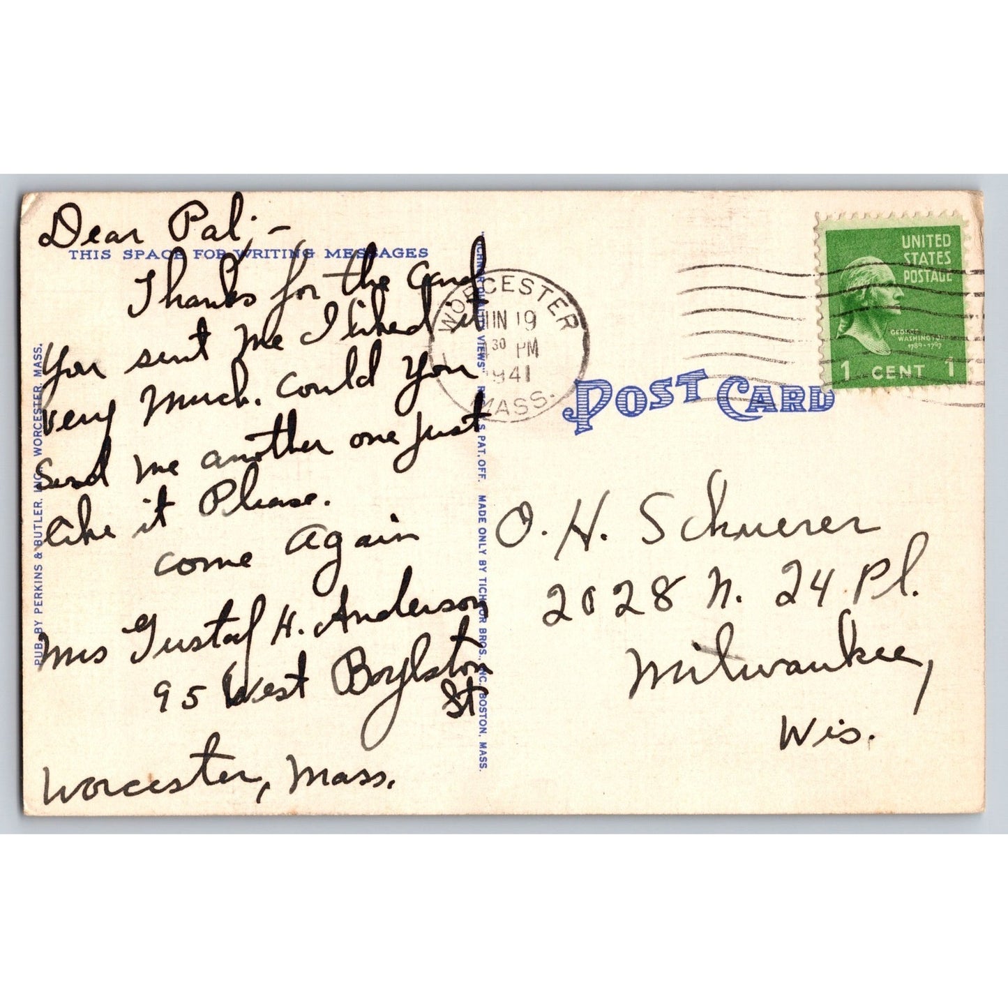 Worcester MA Massachusetts Auditorium Church 1940s White Border Postcard Used