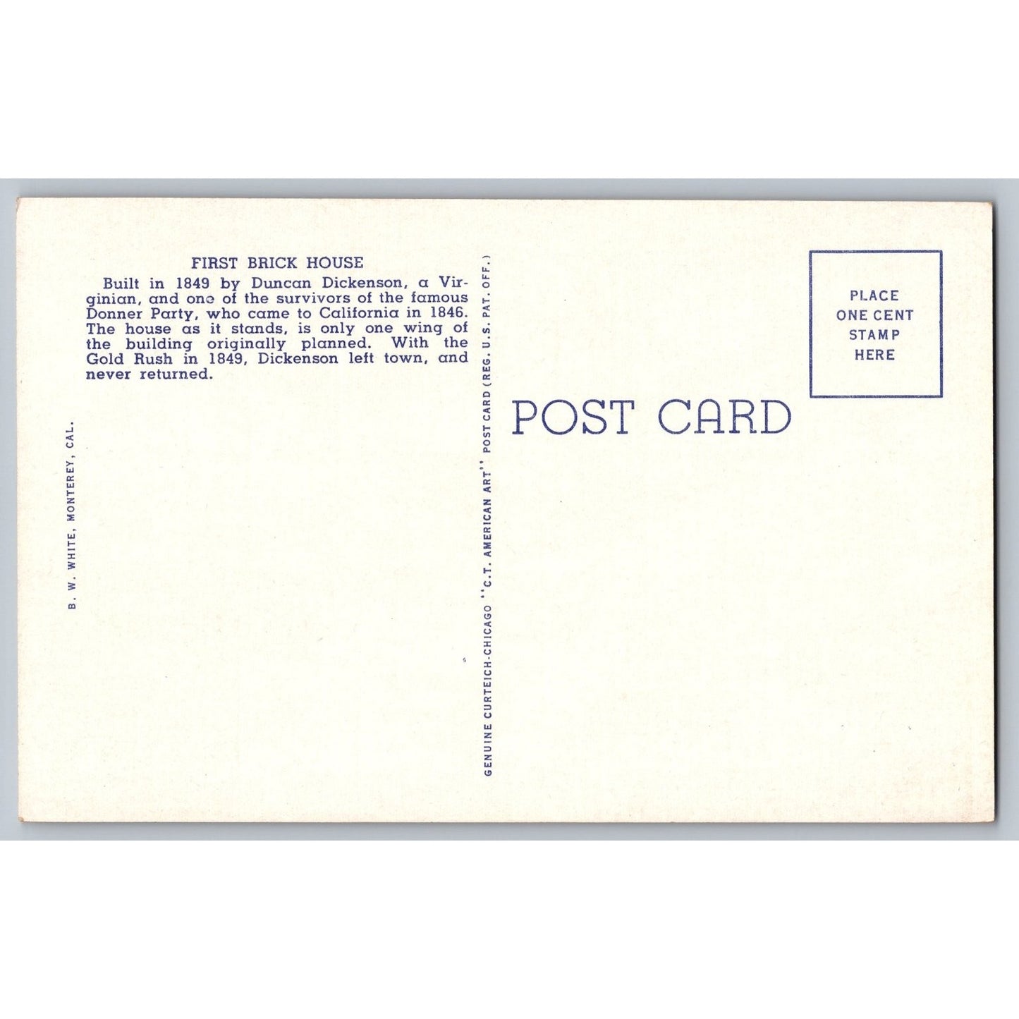 Monterey CA California First Brick Building White Border Postcard Unused