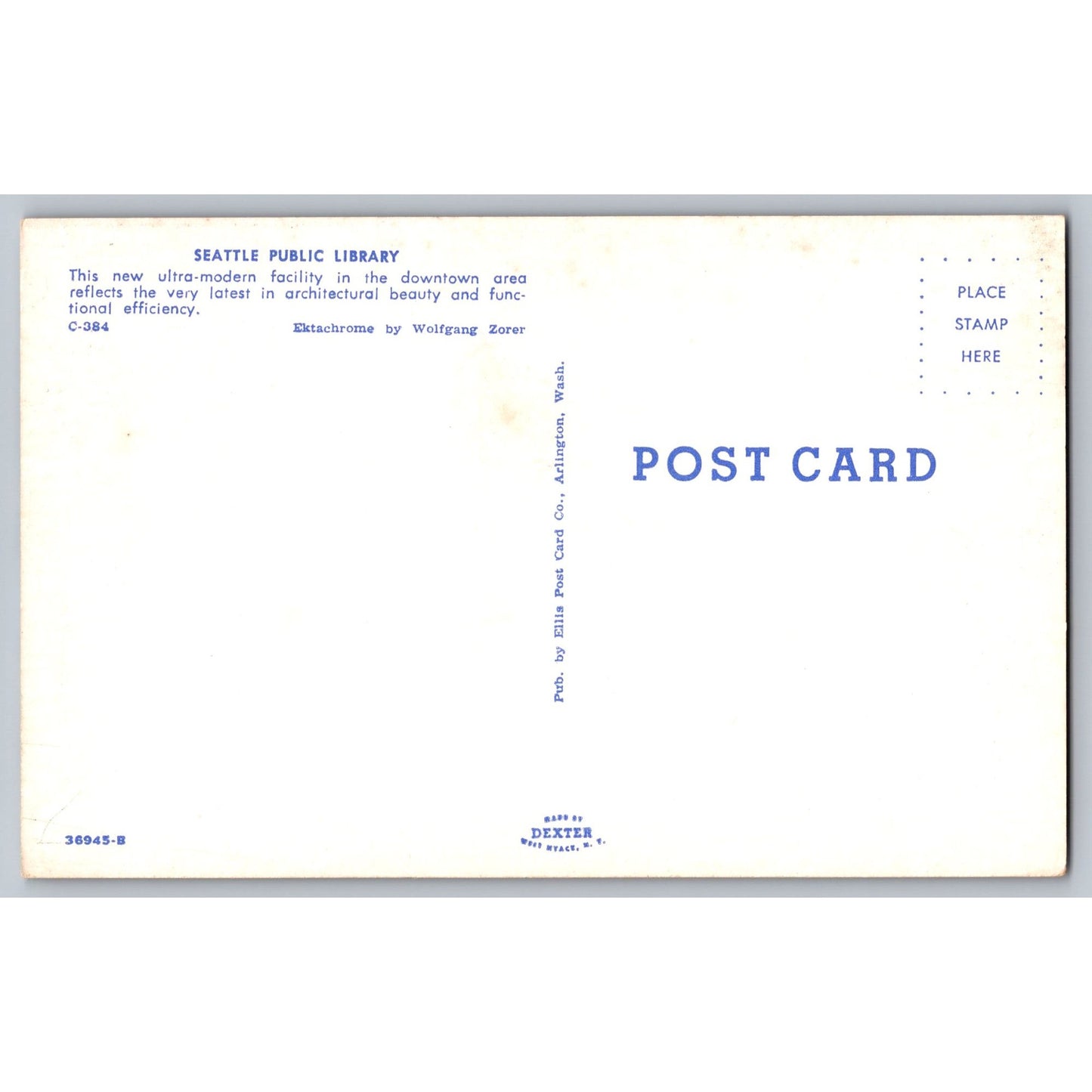 Seattle WA Washington Public Library 1960s Chrome Postcard Unused Ellis Post Co