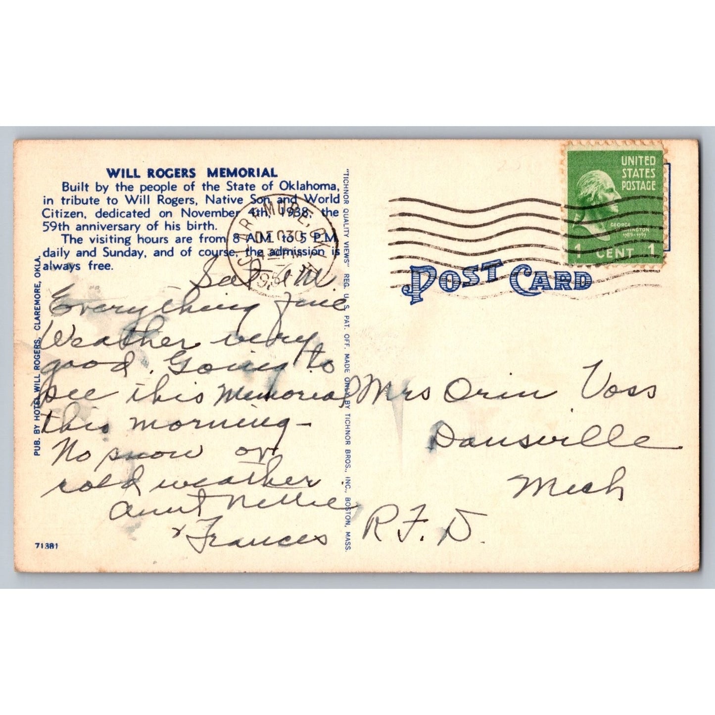 Claremore OK Oklahoma Will Rogers Memorial Linen Postcard Used