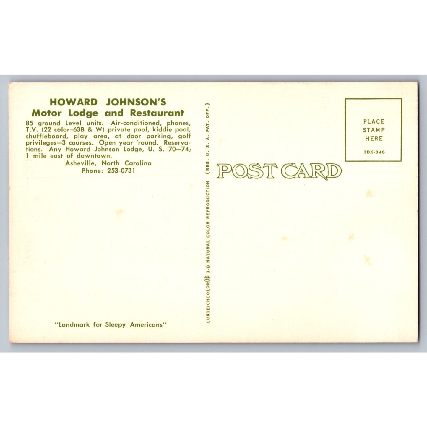 Asheville NC North Carolina Howard Johnson's Motor Lodge Hotel Chrome Postcard