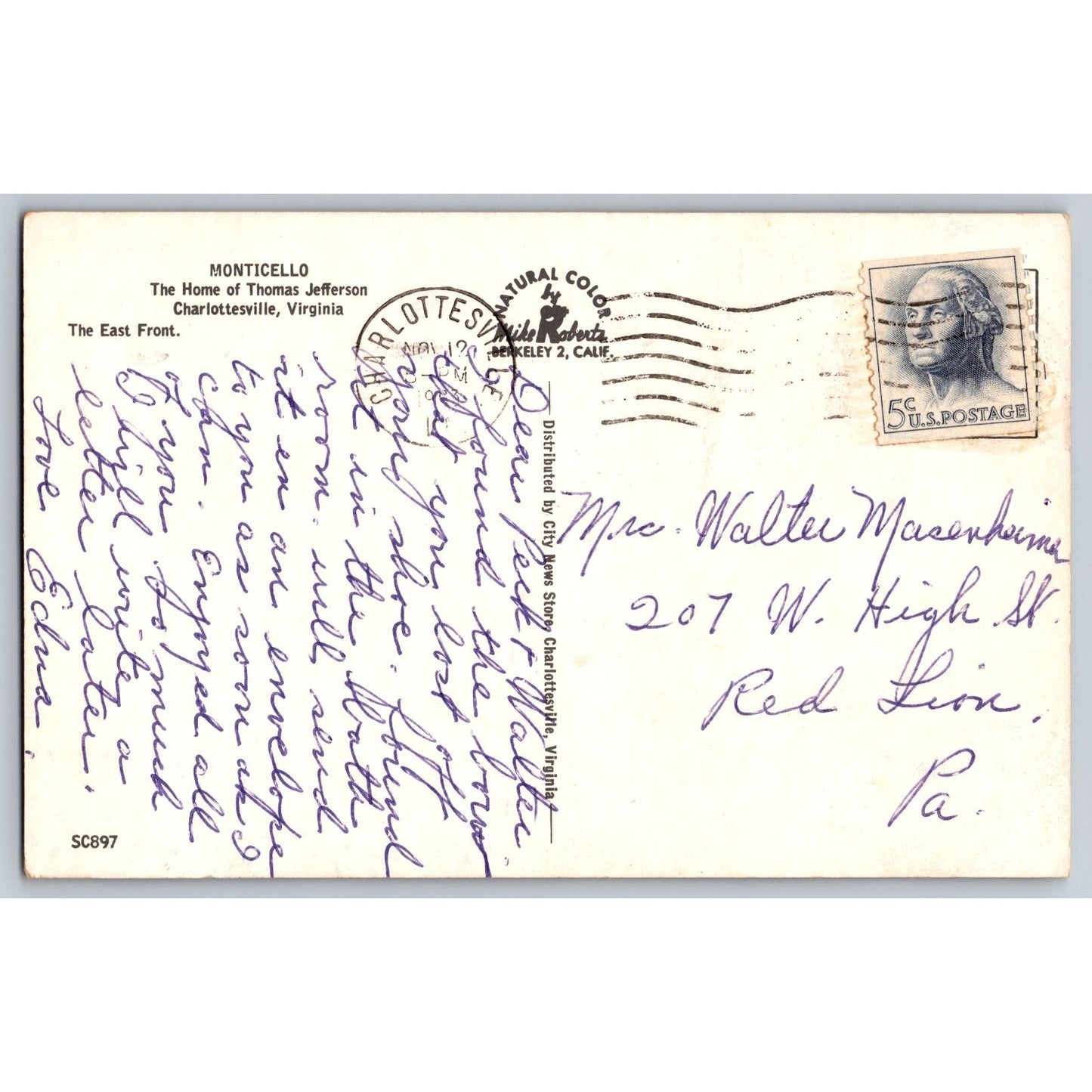 Postcard Charlottesville VA Virginia Monticello
