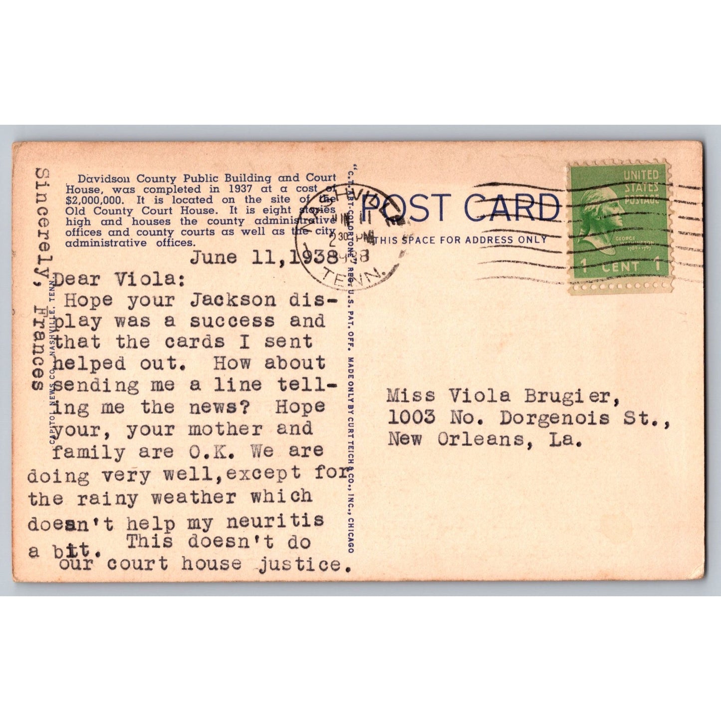 Nashville TN Tennessee Davidson County Public Building White Border Postcard Used