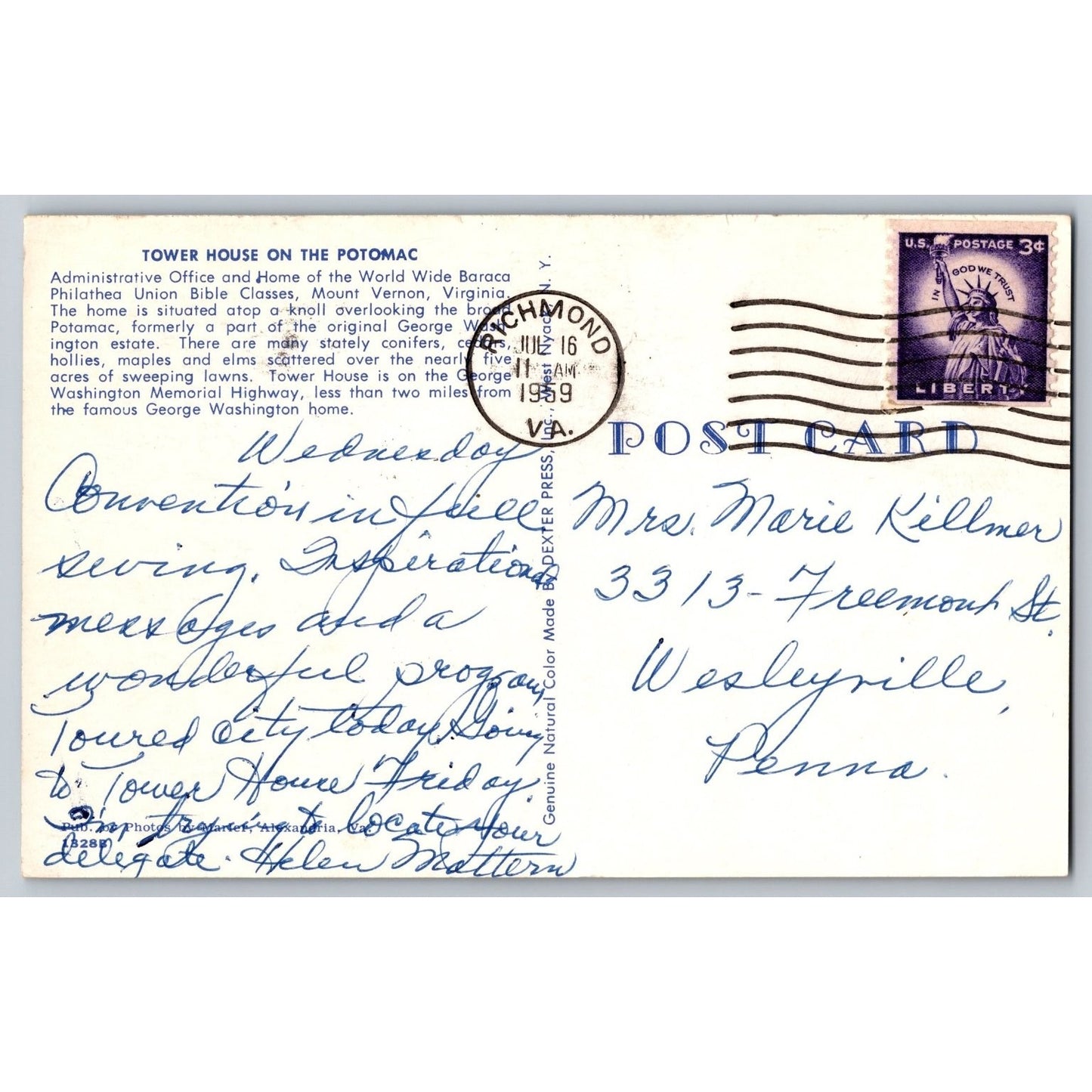 Mount Vernon VA Virginia Tower House on the Potomac 1959 Postcard