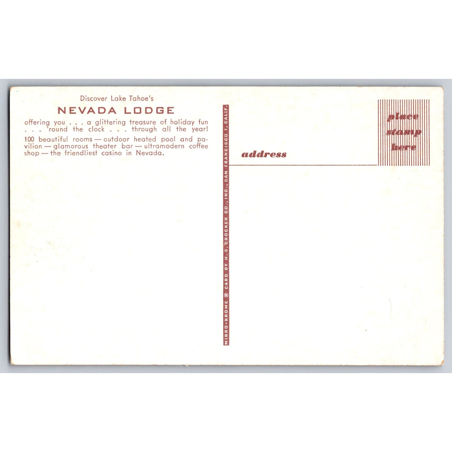 Lake Tahoe NV Nevada Lodge Hotel Postcard Unused Illustrated Mid-Century Design