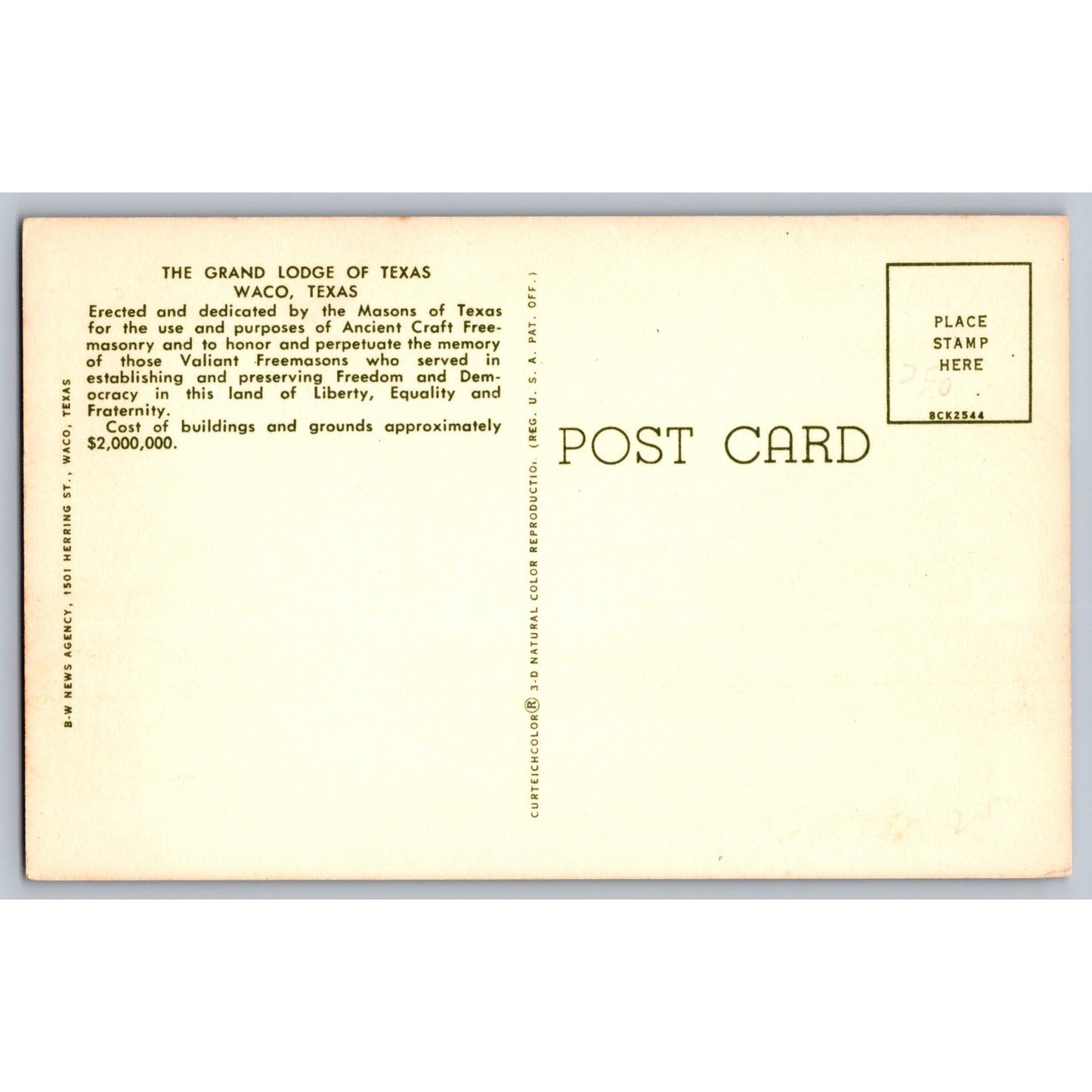 Waco TX Texas Grand Lodge of Texas Freemasons Masonic Lodge Chrome Postcard