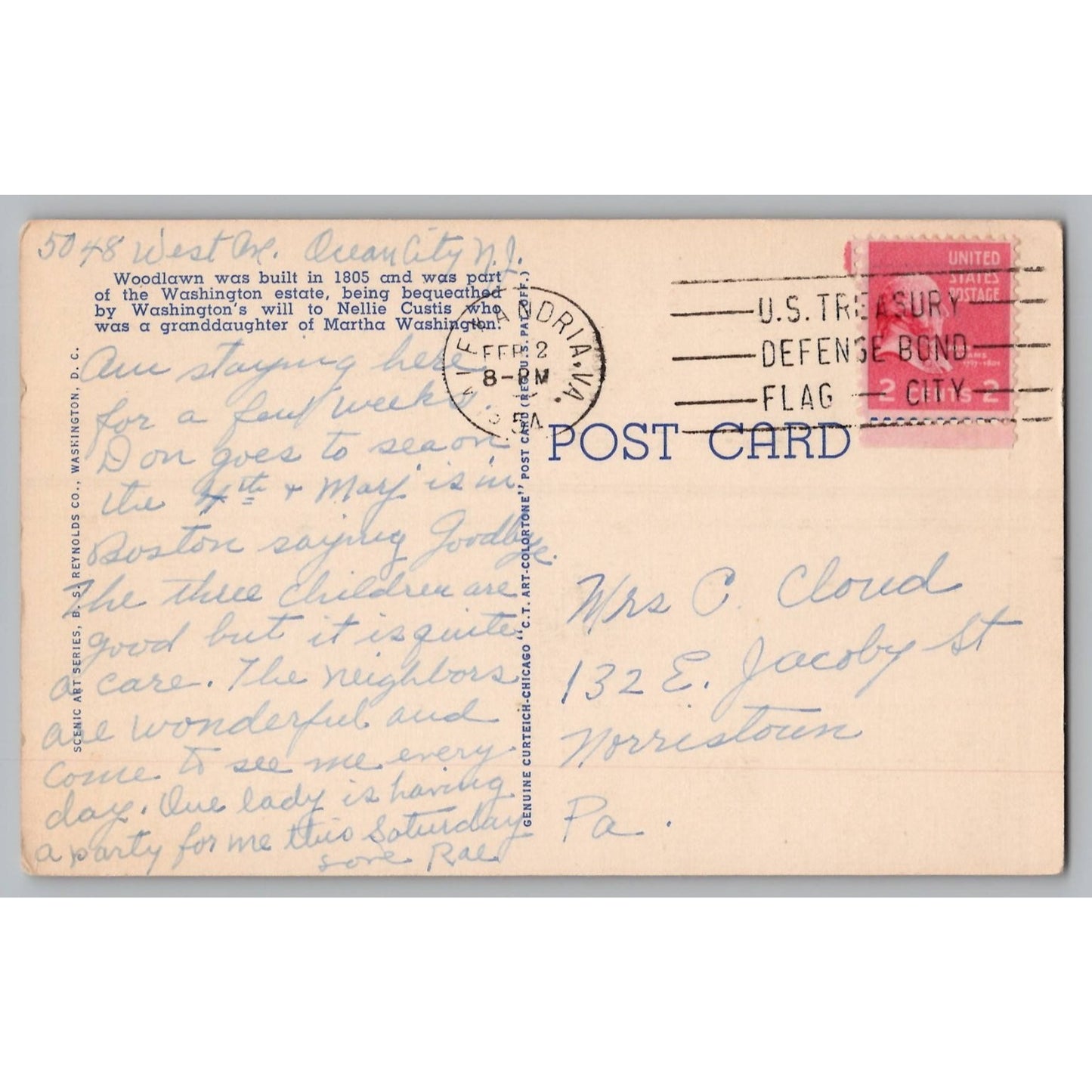 Alexandria VA Virginia Woodlawn Home of Nellie Custis Linen Postcard