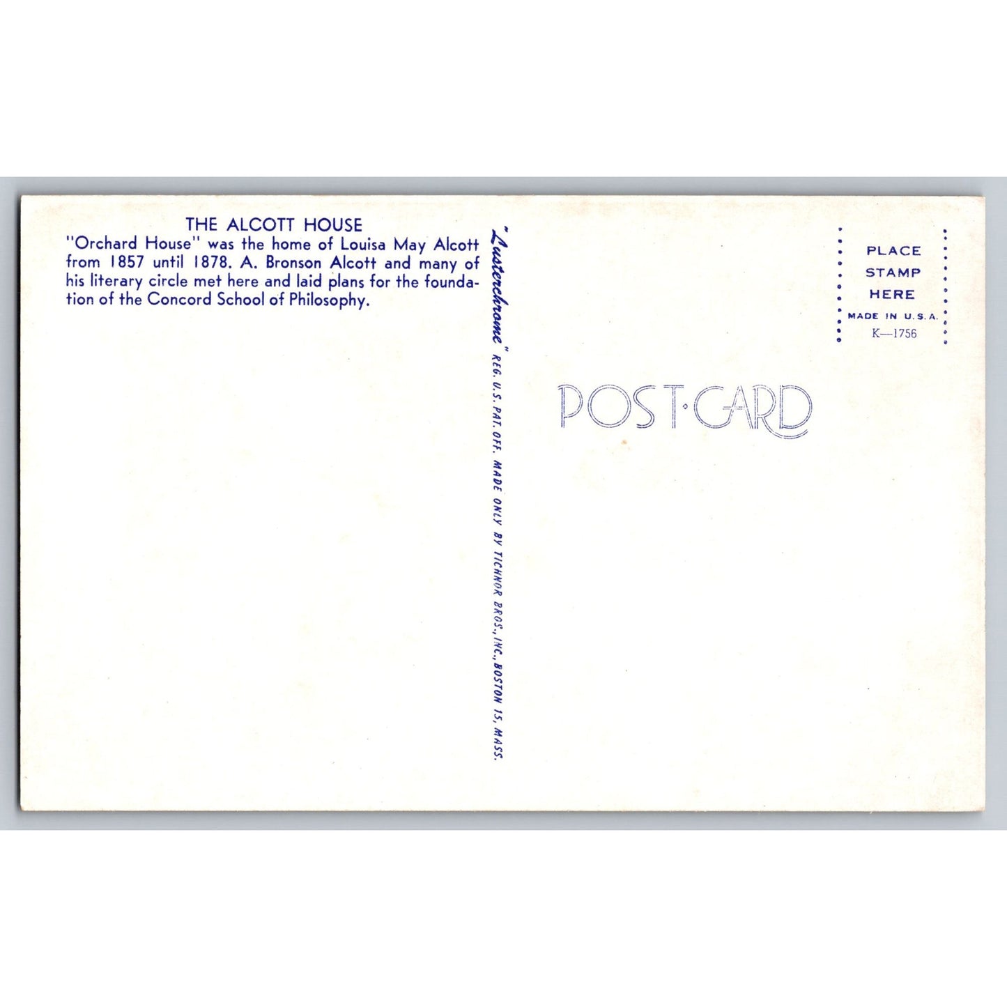 Concord MA Massachusetts Alcott House Orchard Home Louisa May Alcott Postcard