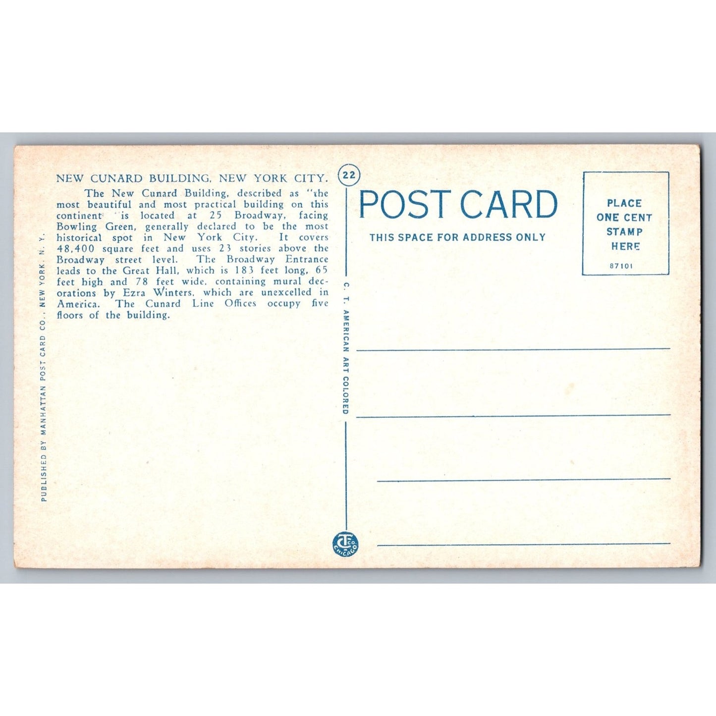 New York City NY New Cunard Building Broadway Divided Back Postcard