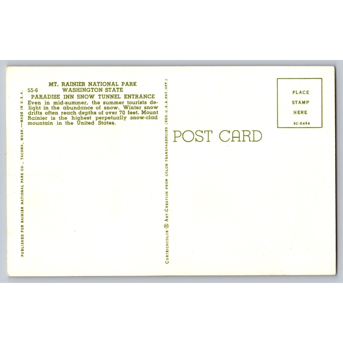 Ashford WA Washington Paradise Inn Snow Tunnel Mt Rainier National Park Postcard