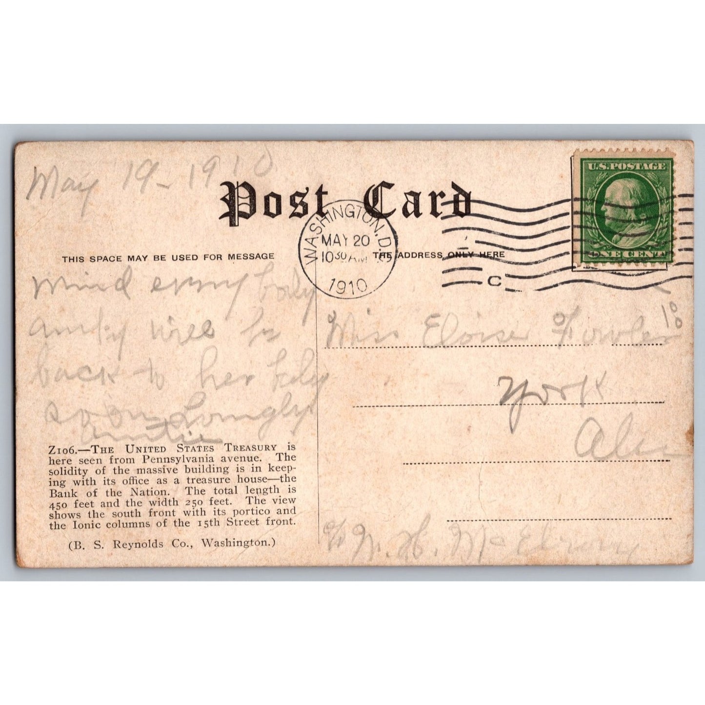 Washington DC US Treasury 1910 Divided Back Postcard Used B.S. Reynolds