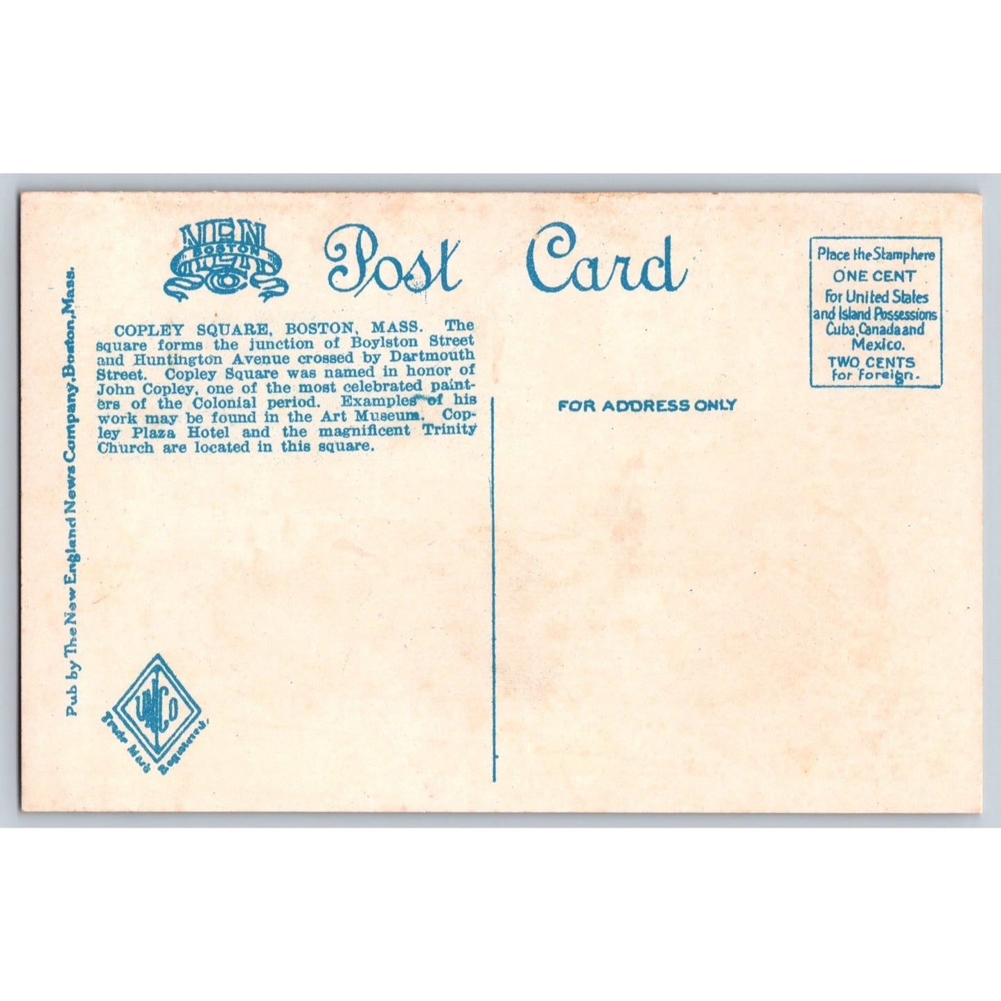 Boston MA Massachusetts Copley Square Trinity Church Plaza Hotel 1920s Postcard