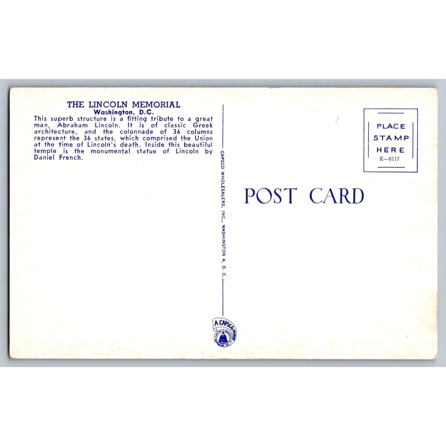 Washington DC Lincoln Memorial Chrome Postcard Unused Capsco