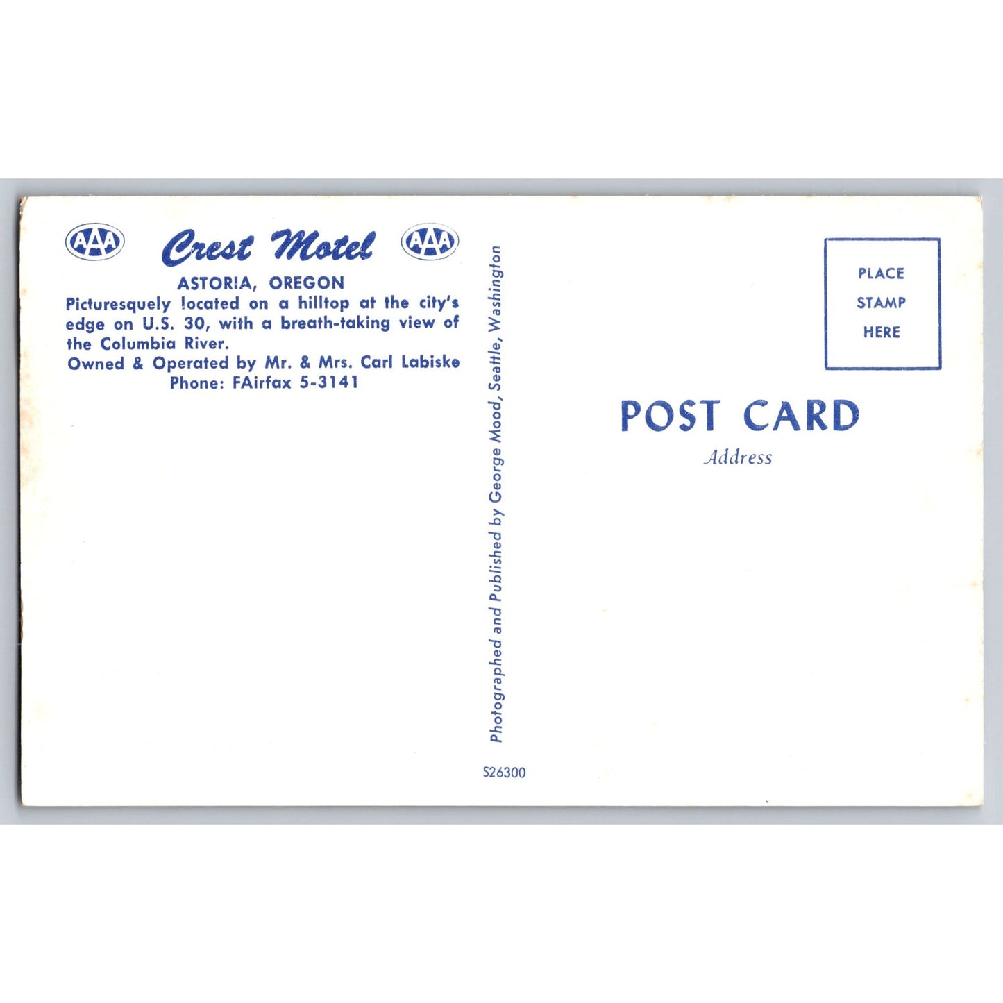 Astoria OR Oregon Crest Motel Columbia River View Chrome Postcard Unused