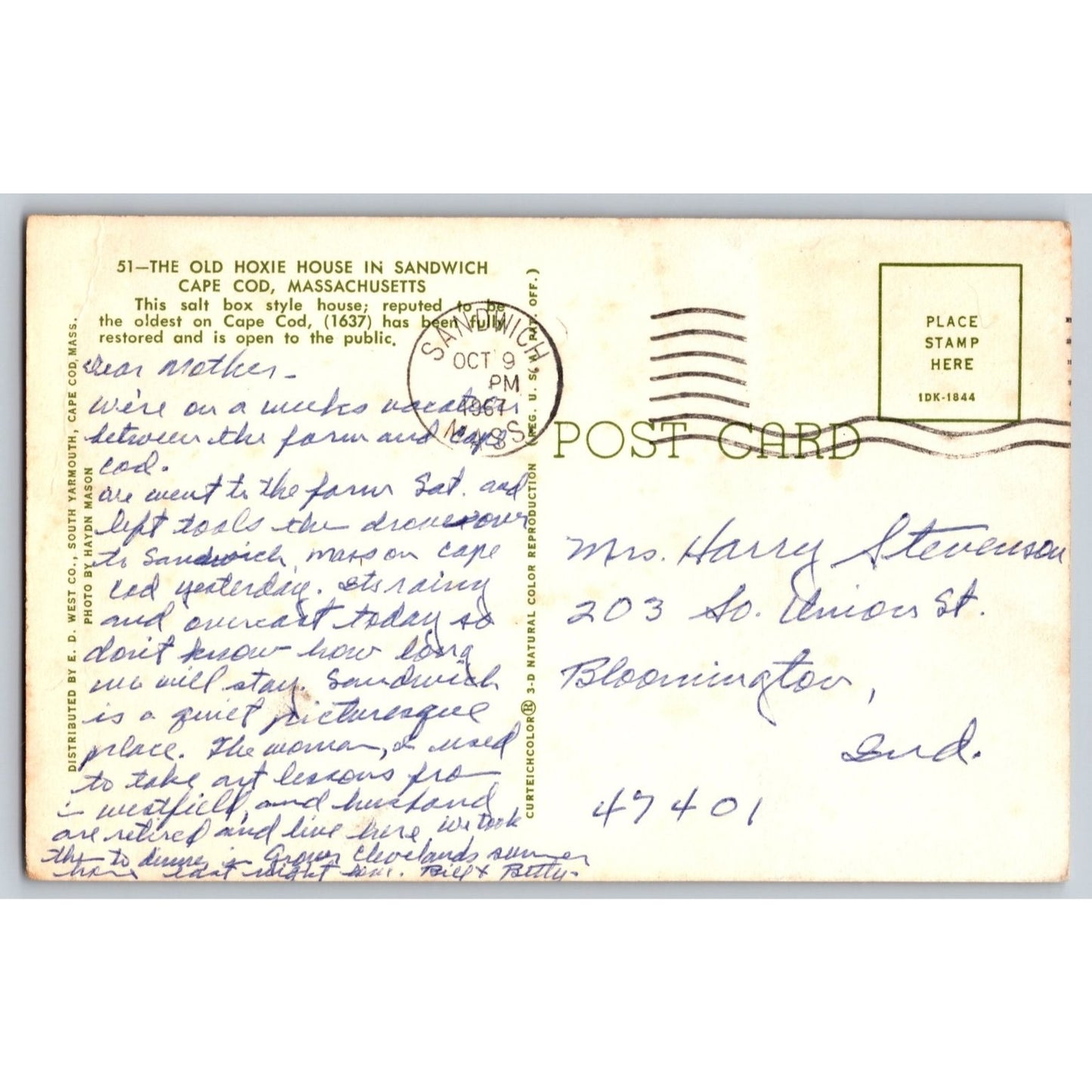 Cape Cod MA Massachusetts Old Hoxie House In Sandwich Chrome Postcard Used