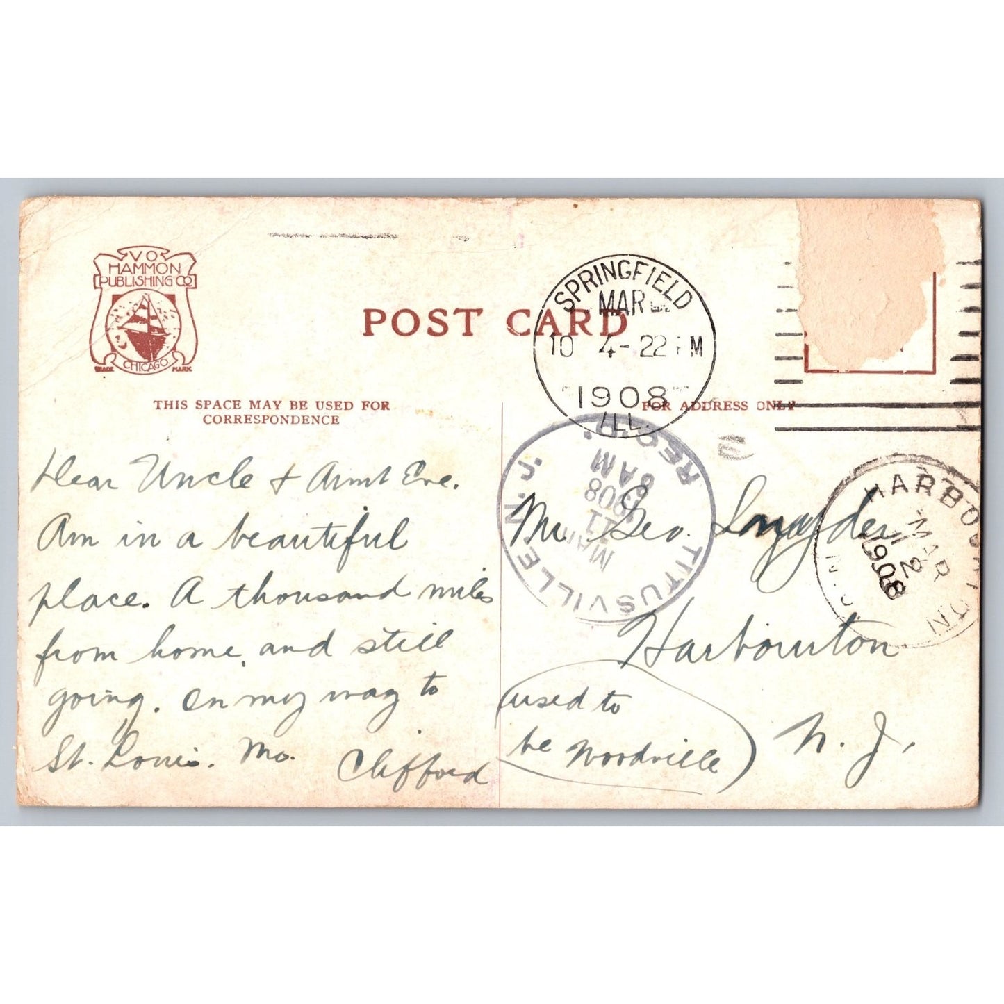 Springfield IL Illinois City Hall 1908 Undivided Postcard Used VO Hammon Co