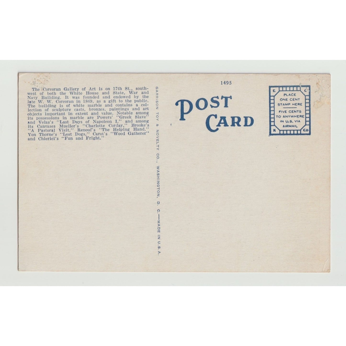 Washington DC Corcoran Art Gallery Postcard 1920s White Border Postcard Unused