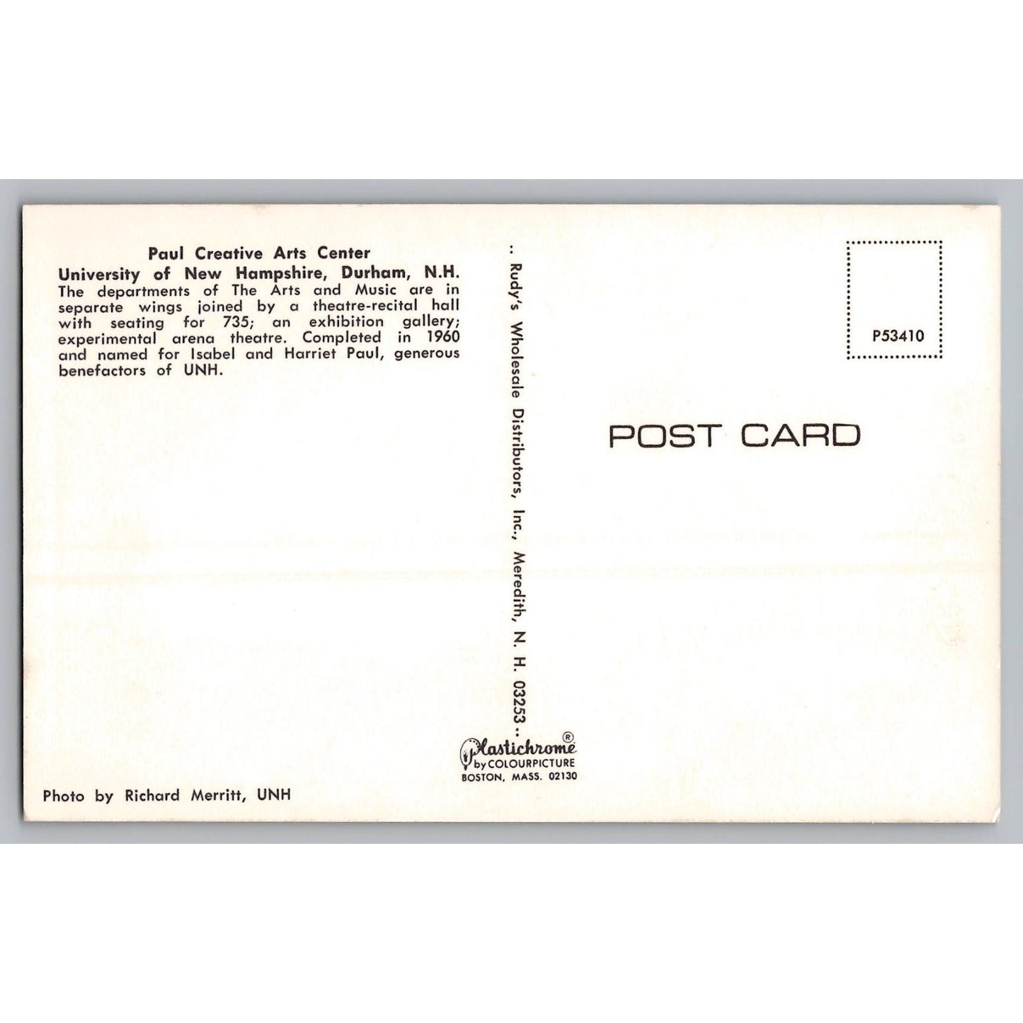 Durham NH New Hampshire University of New Hampshire Paul Creative Arts Postcard
