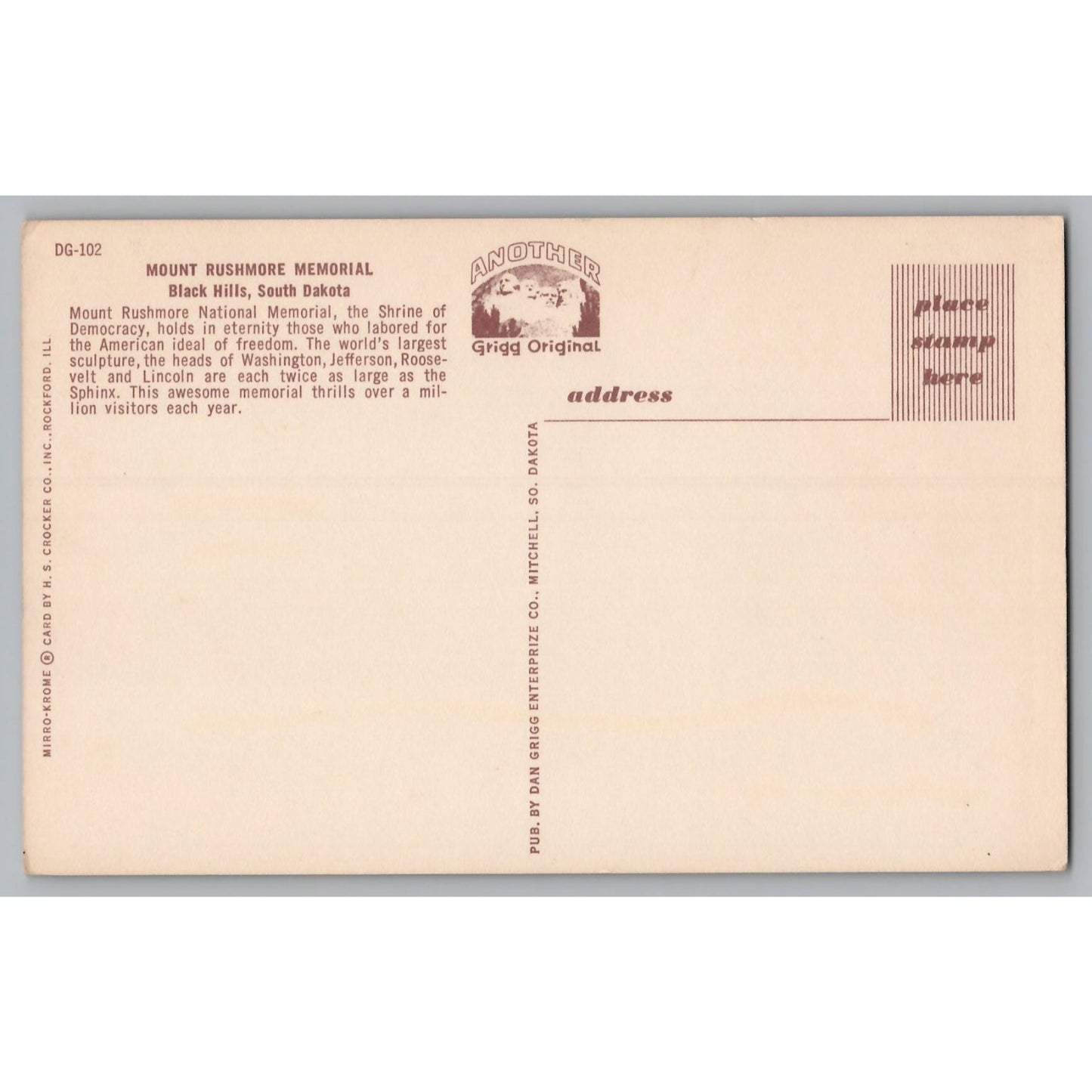 Keystone SD South Dakota Mount Rushmore Memorial Postcard Grigg Original