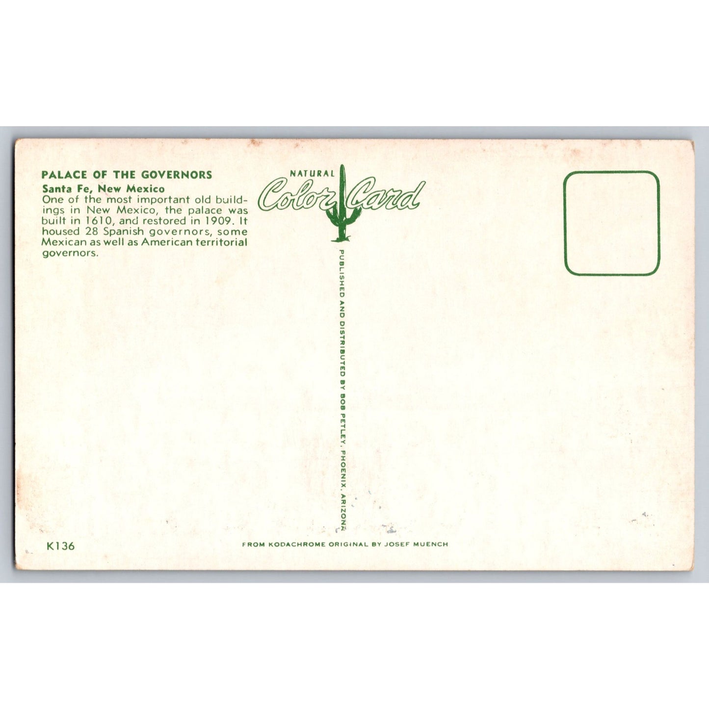 Santa Fe NM New Mexico Palace Of The Governors Postcard Kodachrome Josef Muench