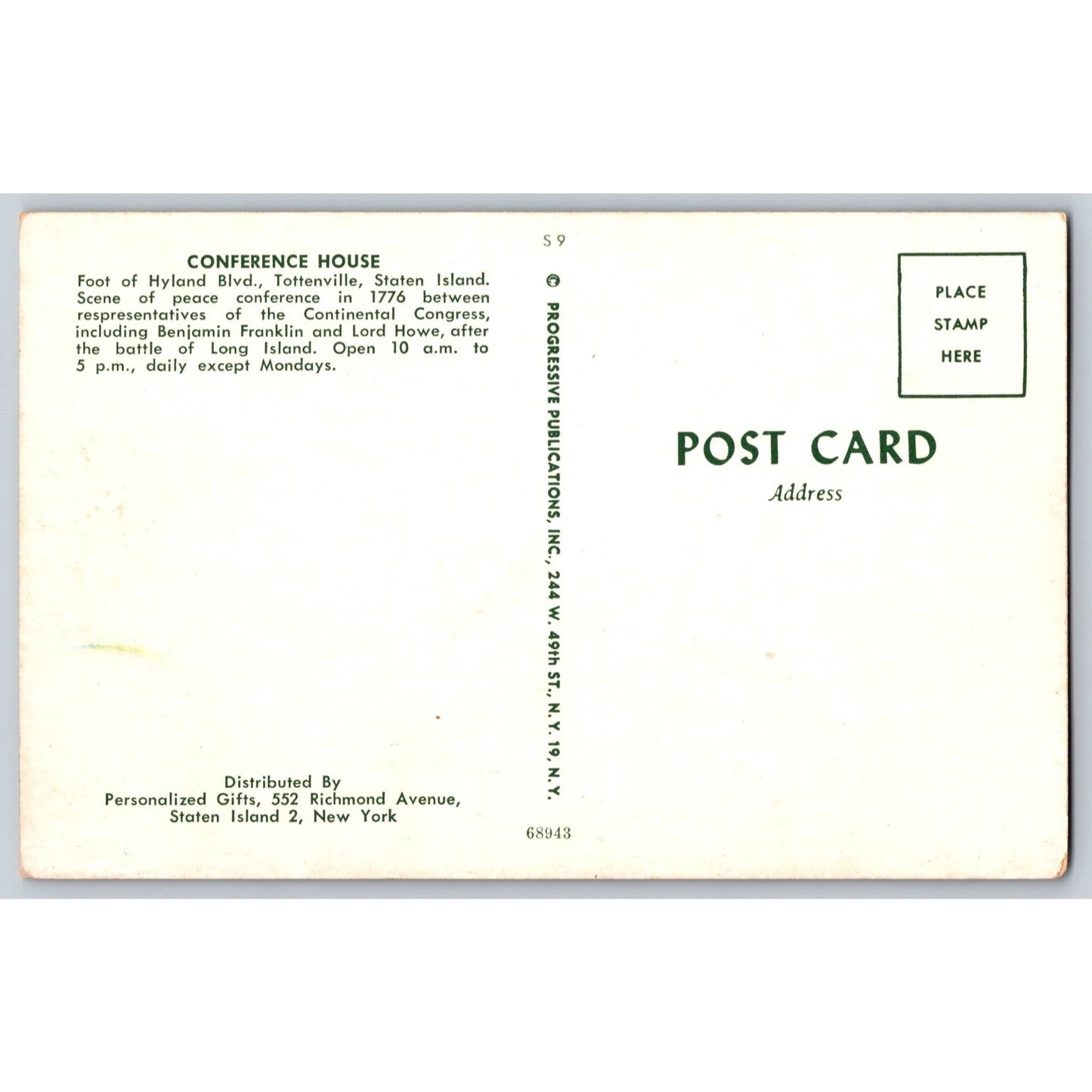 Staten Island NY New York Conference House Historic Landmark Chrome Postcard