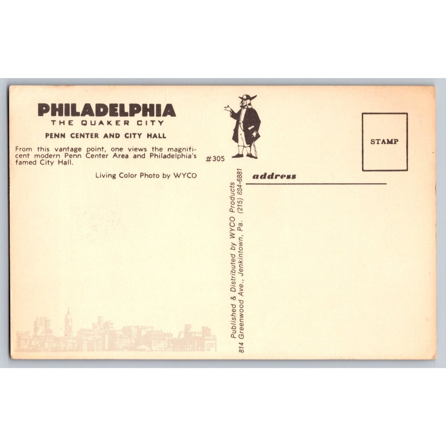 Philadelphia PA Pennsylvania Penn Center City Hall Skyline Chrome Postcard WYCO