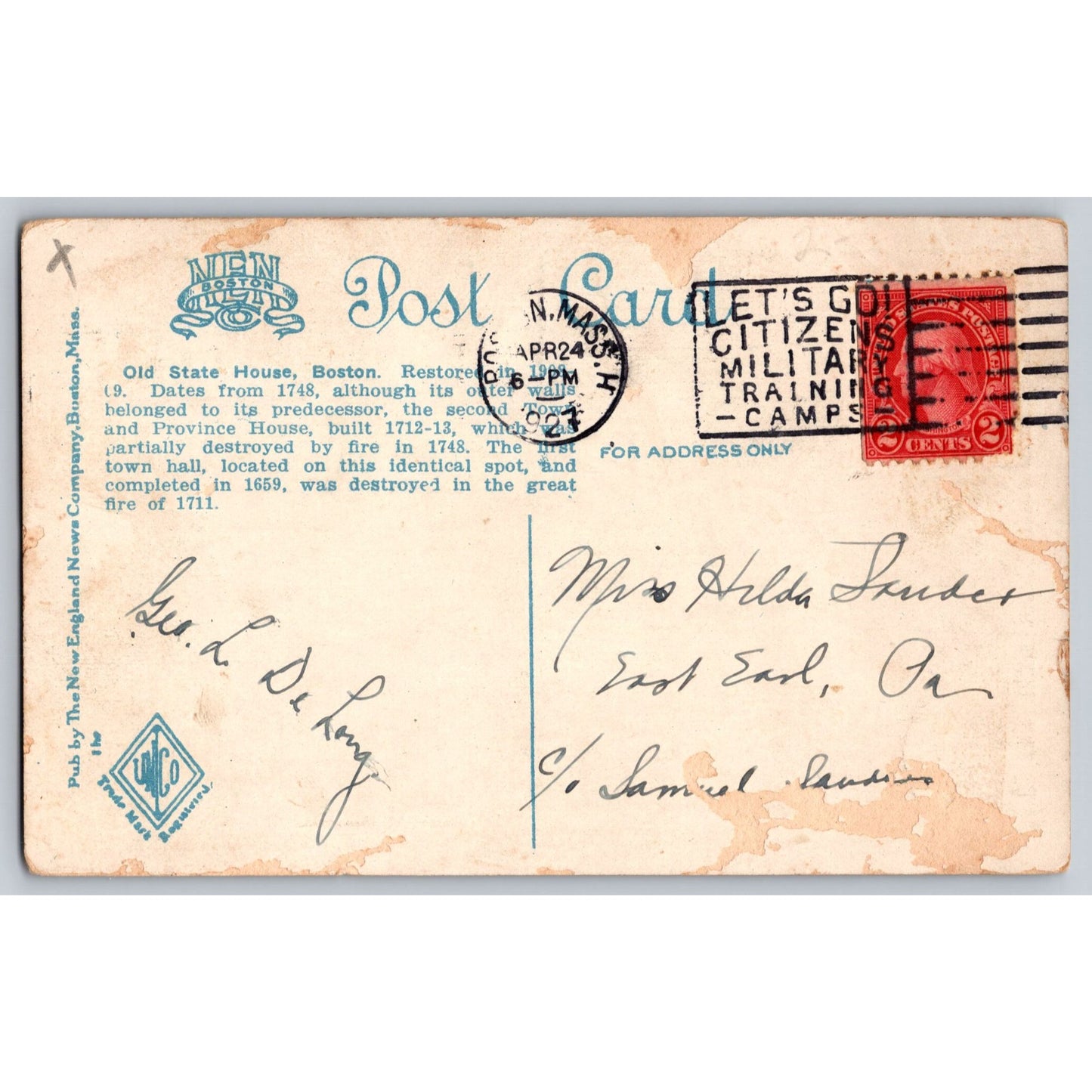 Boston MA Massachusetts Old State House Postcard New England News Co. 1917