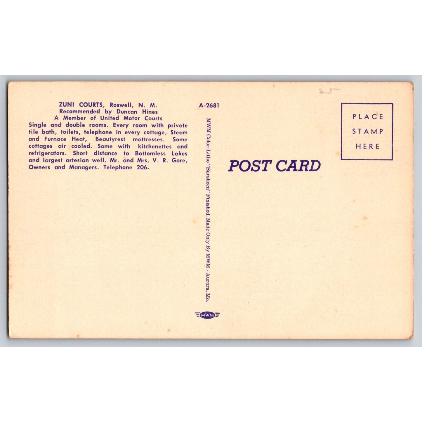 Roswell NM New Mexico Zuni Courts Linen Postcard Unused United Motor Courts