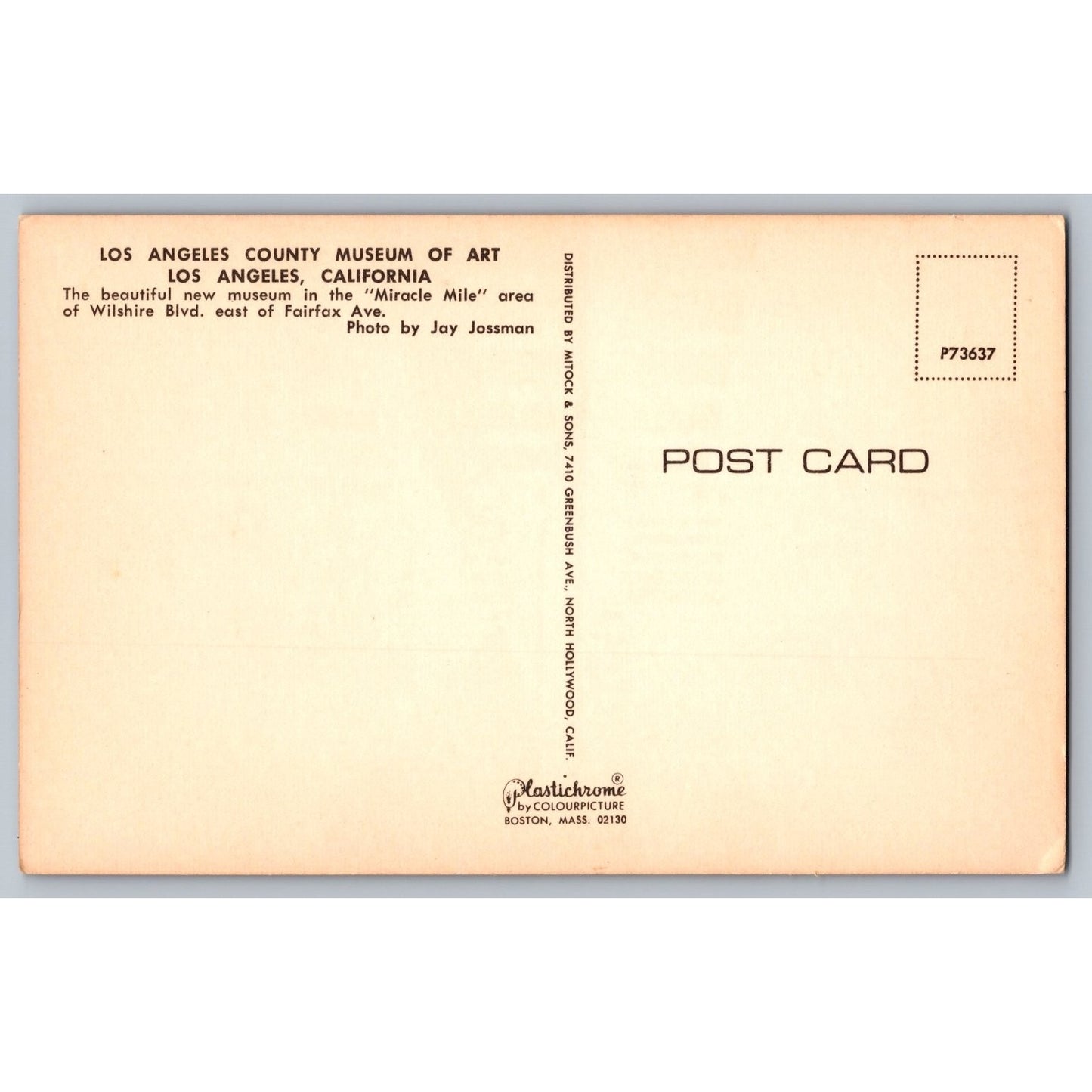 Los Angeles CA California County Museum of Art Chrome Postcard Unused Plasticrome