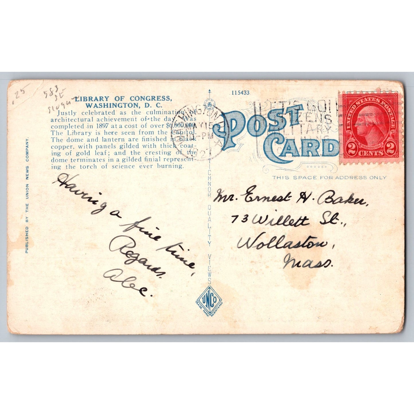 DC Washington Library Of Congress 1927 White Border Postcard Used