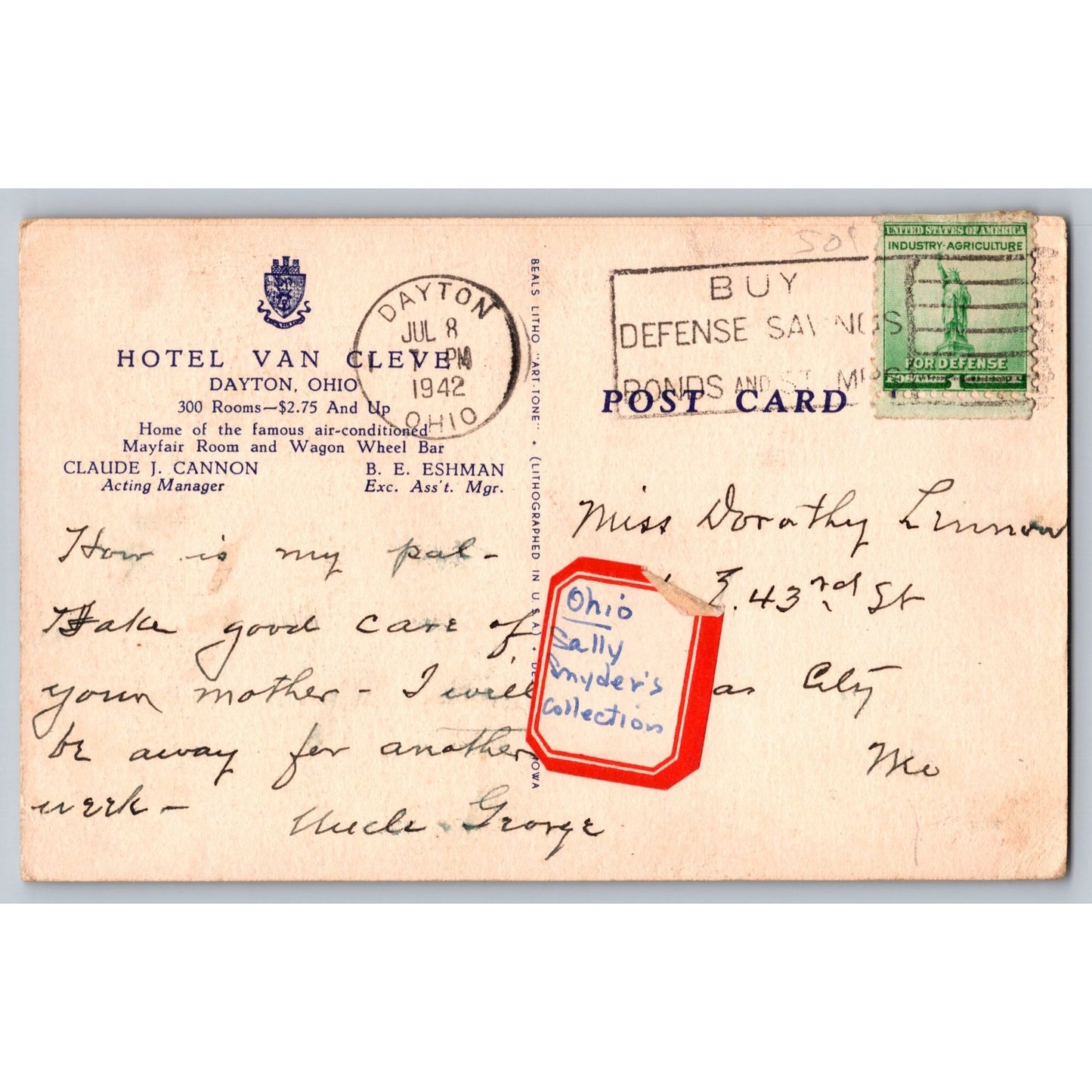 Dayton OH Ohio Hotel Van Cleve Wagon Wheel Bar 1942 White Border Postcard Used