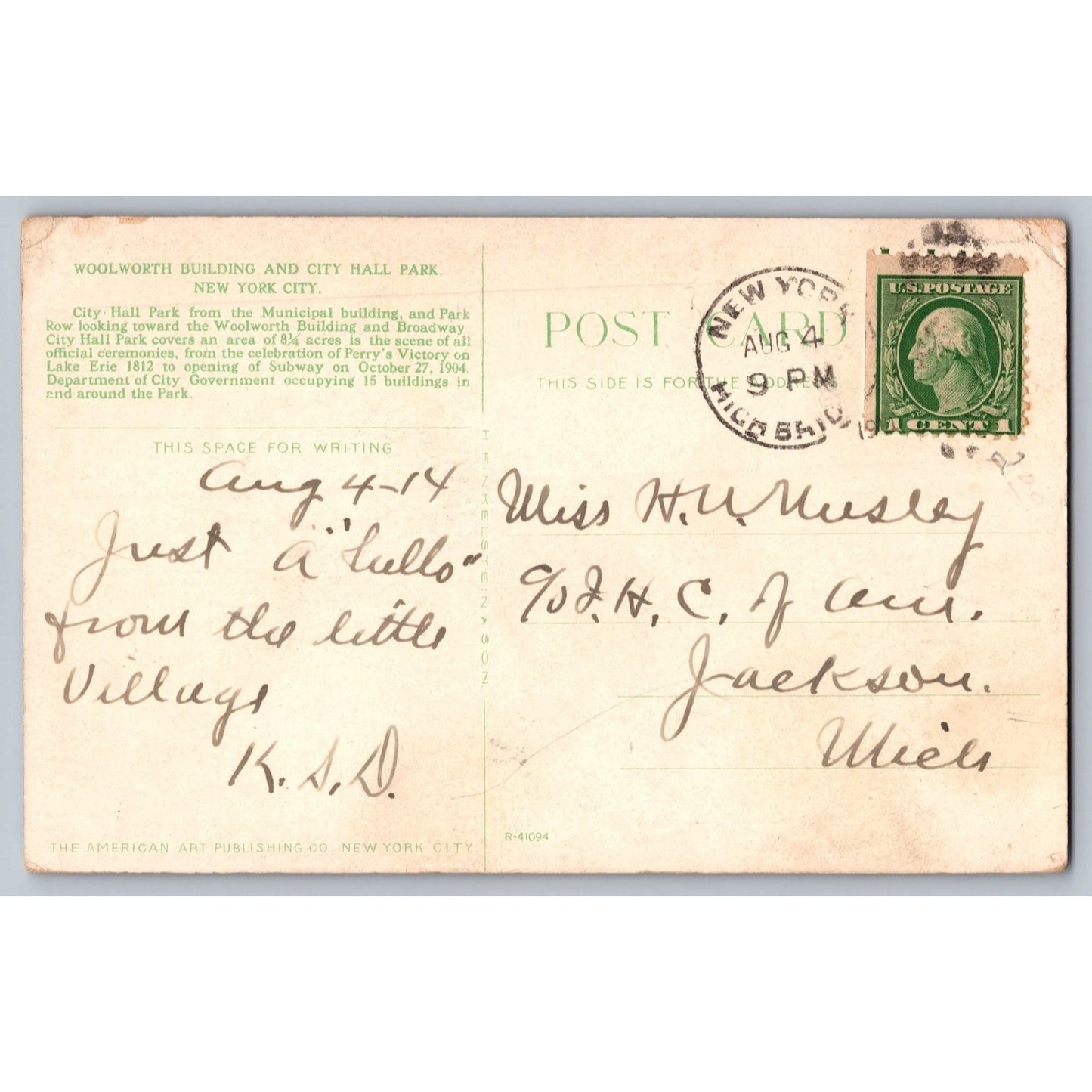 New York City NY Woolworth Building City Hall Park 1914 Undivided Back Postcard