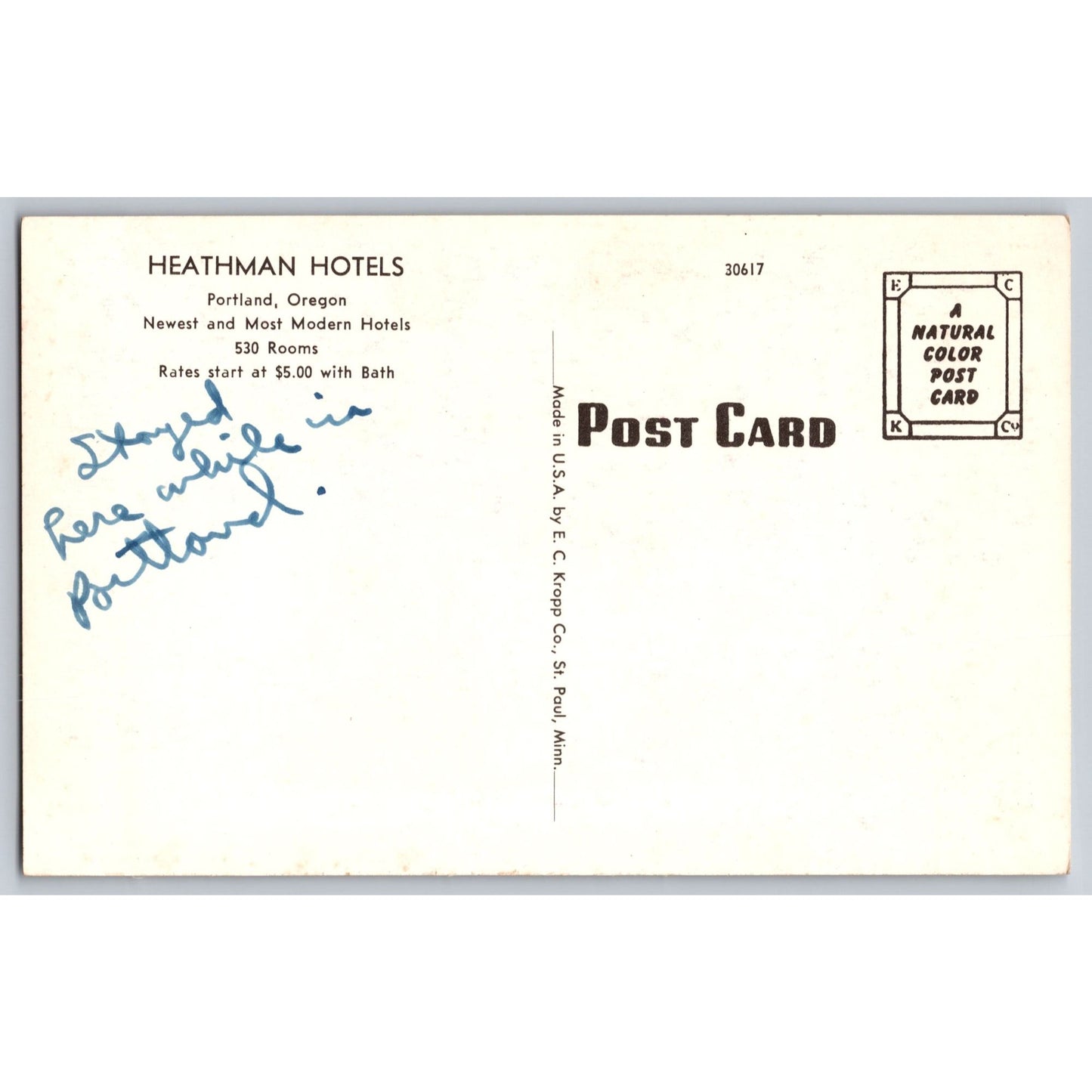 Portland OR Oregon Heathman Hotels White Border Postcard EC Kropp Co