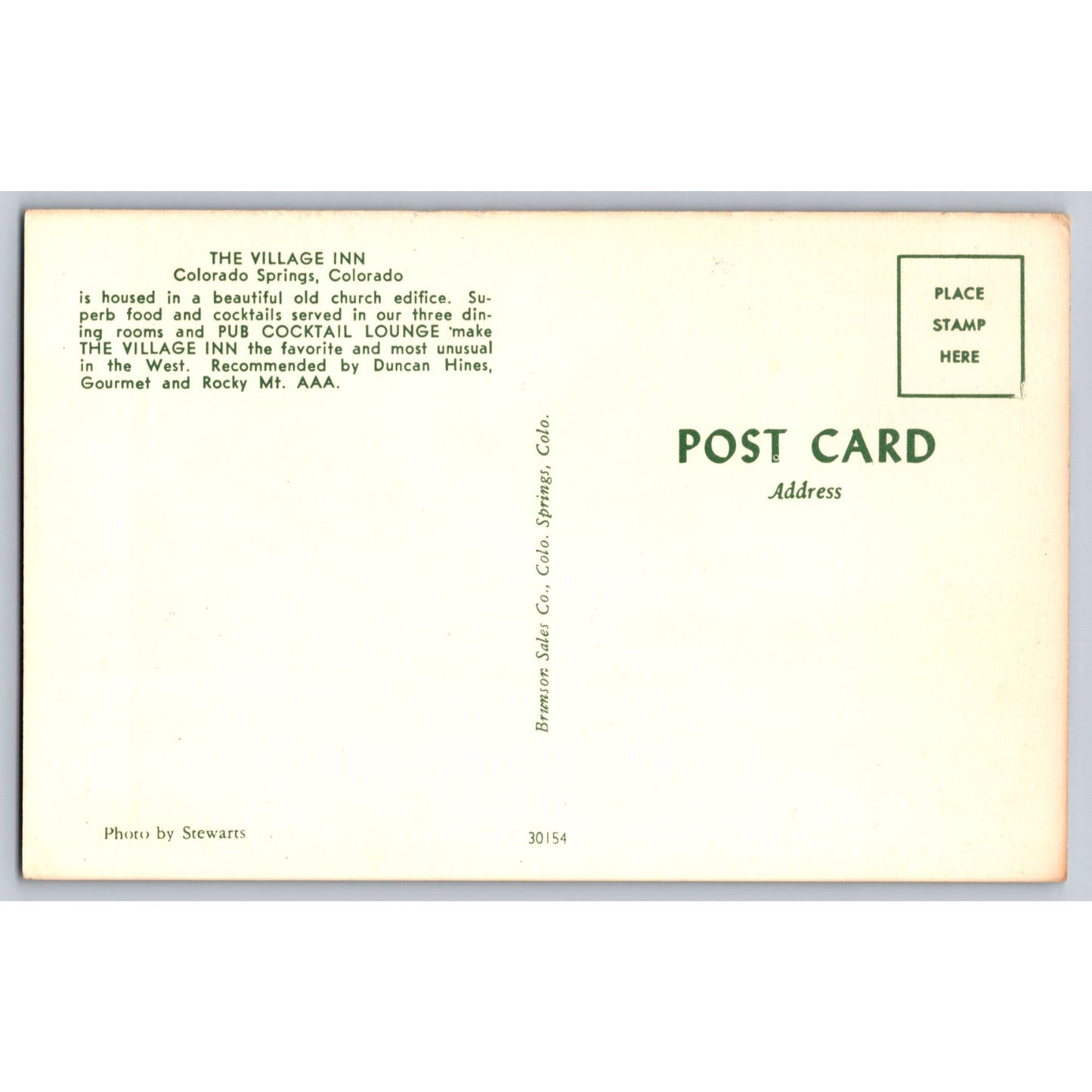 Colorado Spring CO The Village Inn Chrome Postcard Unused Stewarts