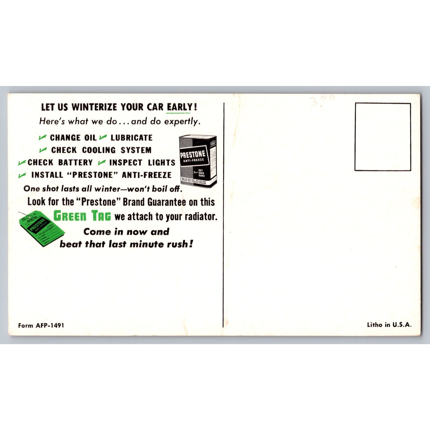 Postcard Car Winterizing Advertisement Prestone Brand Anti-Freeze Illustration