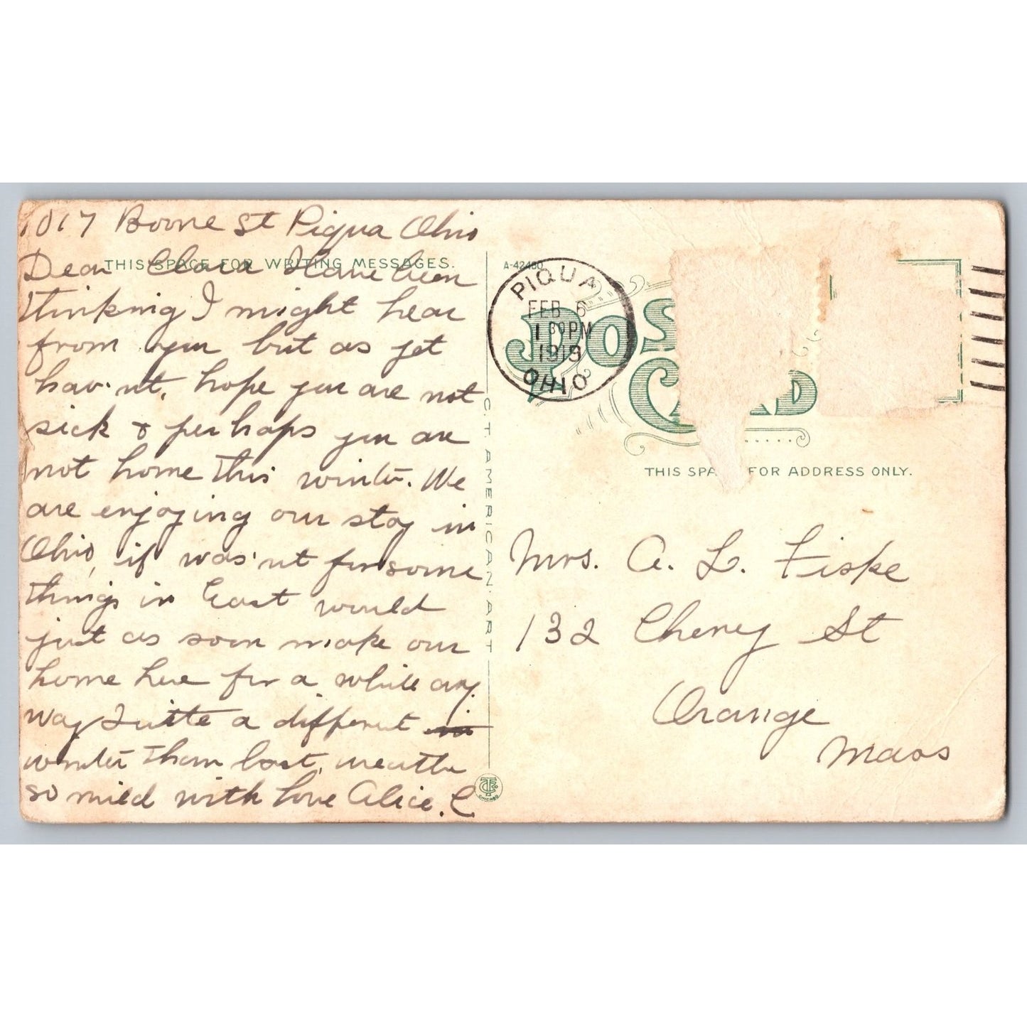 Piqua OH Ohio Memorial Hospital 1913 White Border Postcard Used
