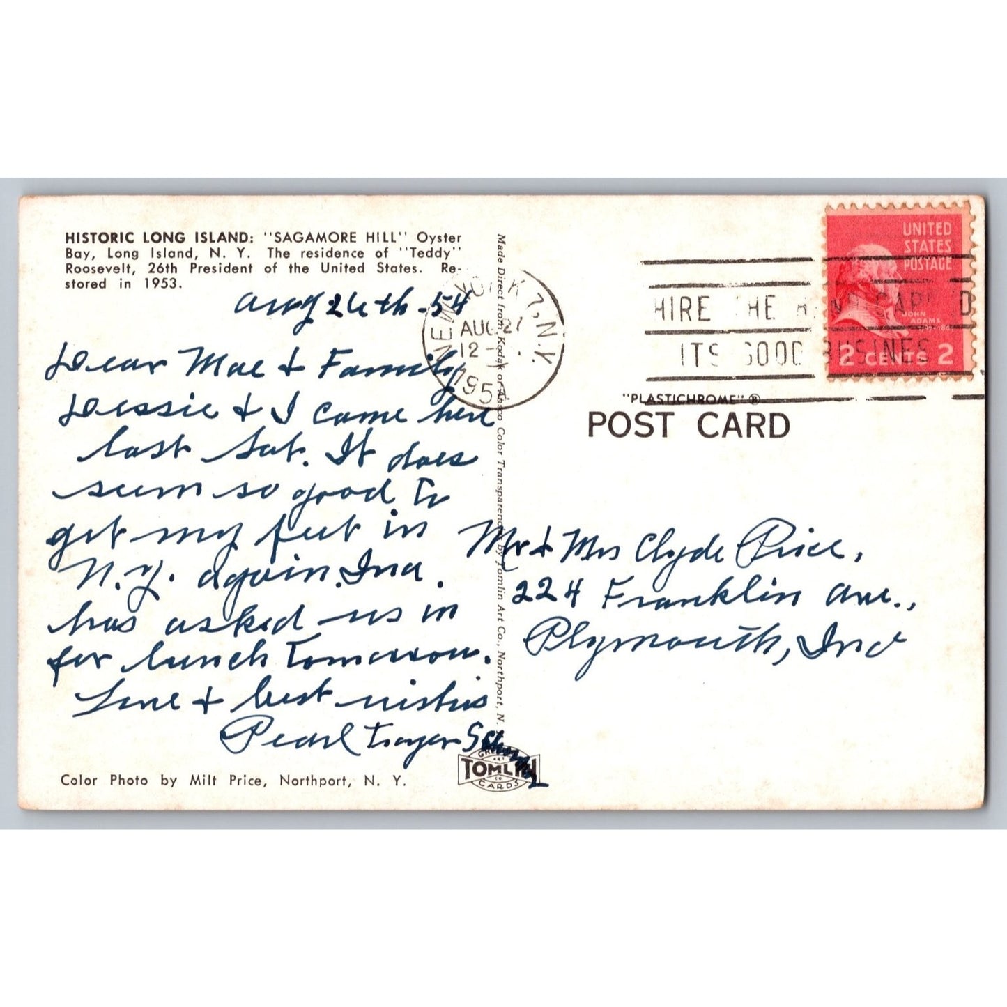 Long Island NY New York Sagamore Hill Teddy Roosevelt Home 1954 Chrome Postcard