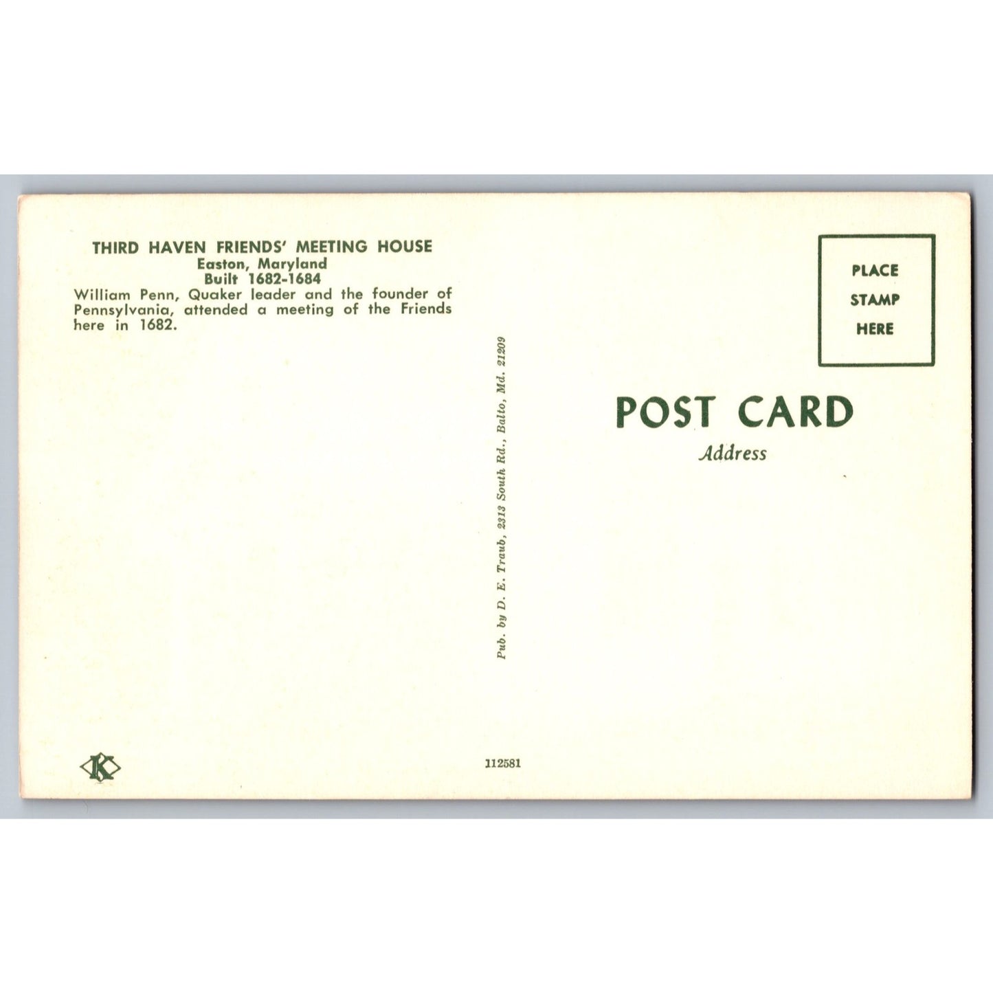 Easton MD Maryland Third Haven Friends Meeting House Chrome Postcard Unused